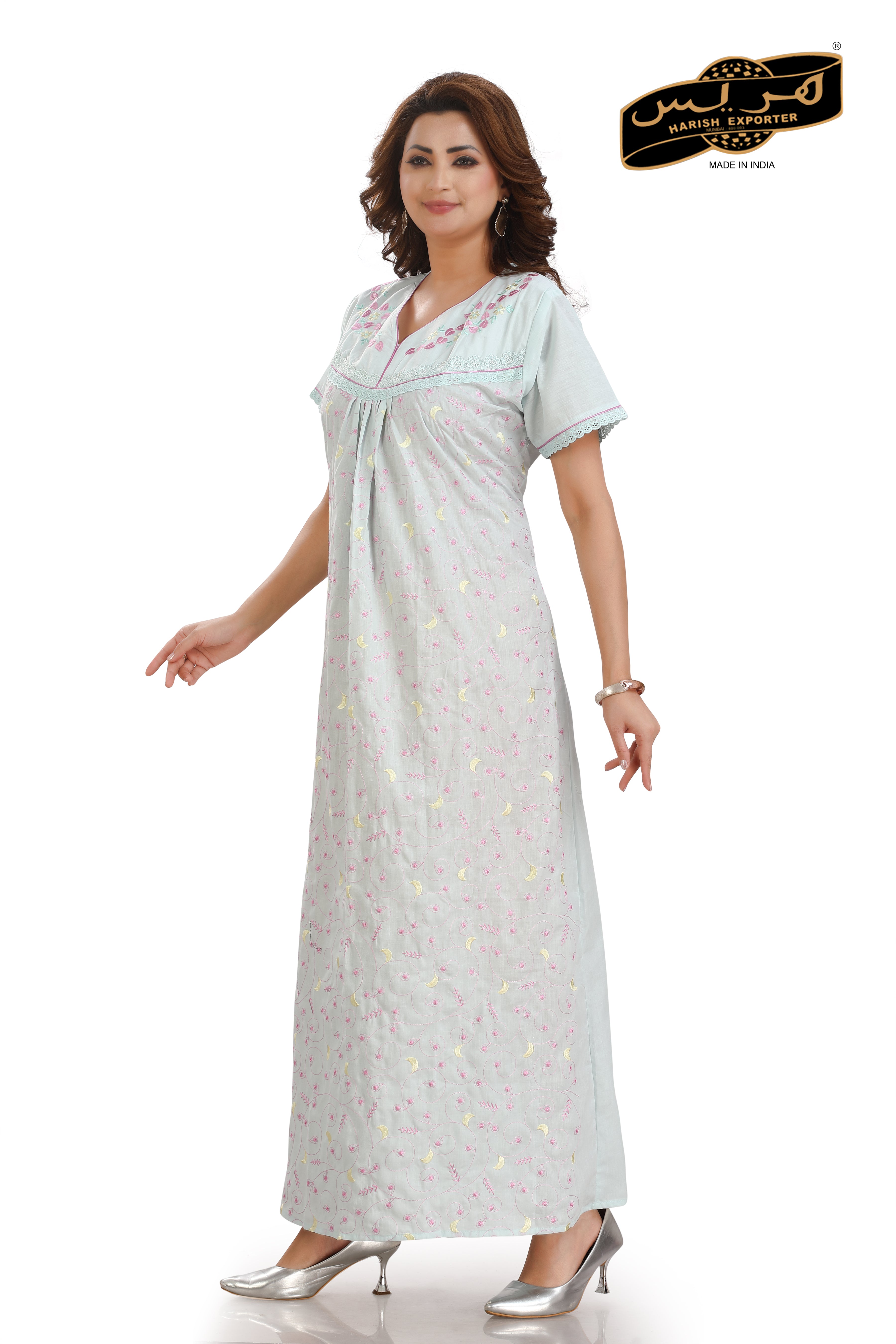 Sea Green Cotton Half Sleeve Nightgown - Comfortable & Elegant HSG-855-01