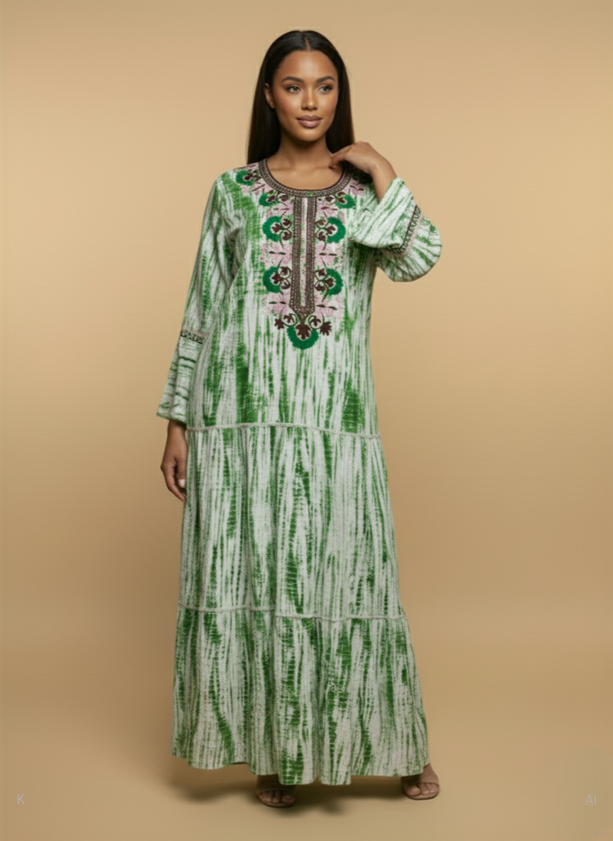 Tie-Dye Green & White Cotton Kaftan With Embroidered PS-400 DP