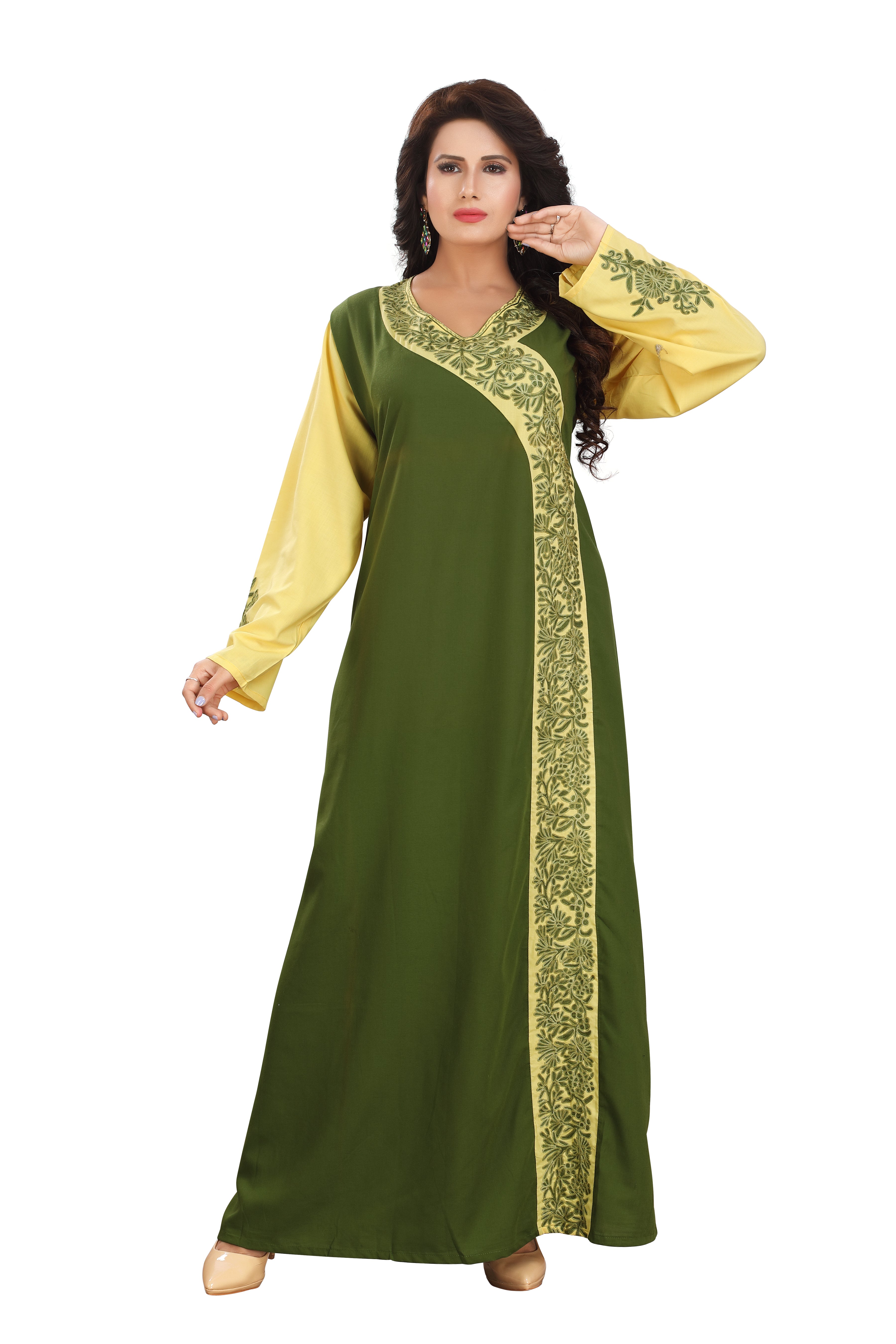 Cotton Elegant Green and Yellow Embroidered Kaftan Gown Kashmiri EMG RMG-01