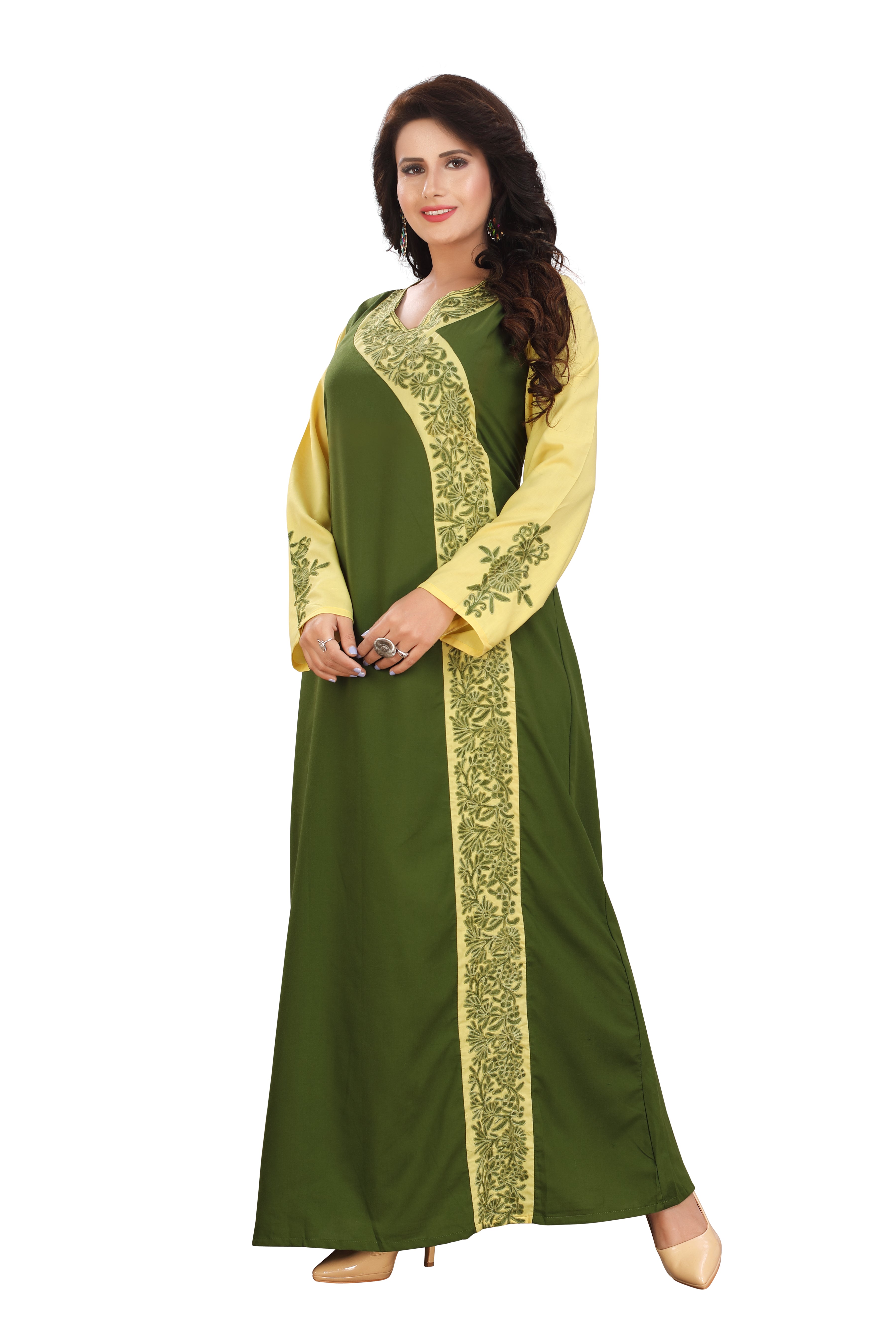 Cotton Elegant Green and Yellow Embroidered Kaftan Gown Kashmiri EMG RMG-01