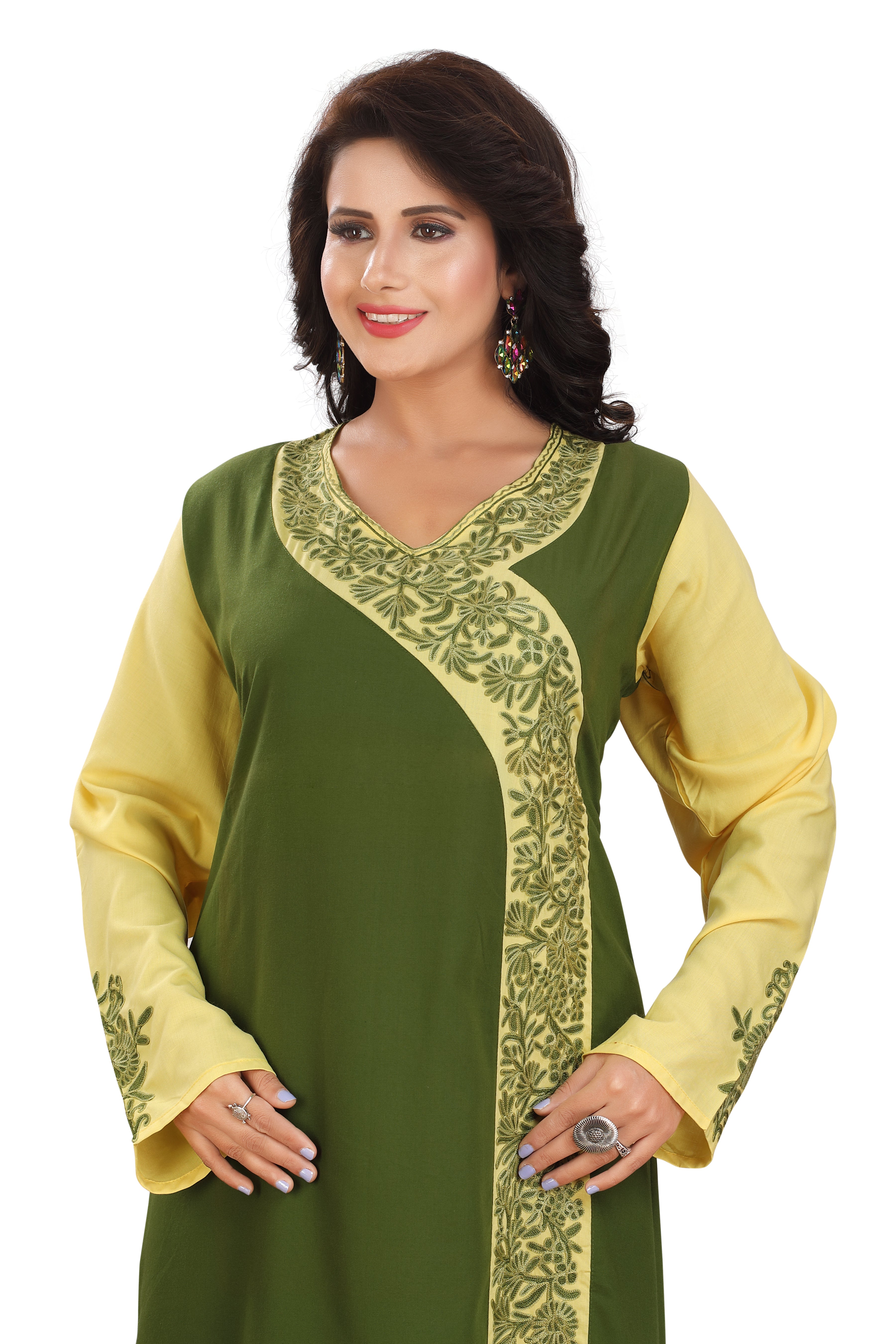 Cotton Elegant Green and Yellow Embroidered Kaftan Gown Kashmiri EMG RMG-01