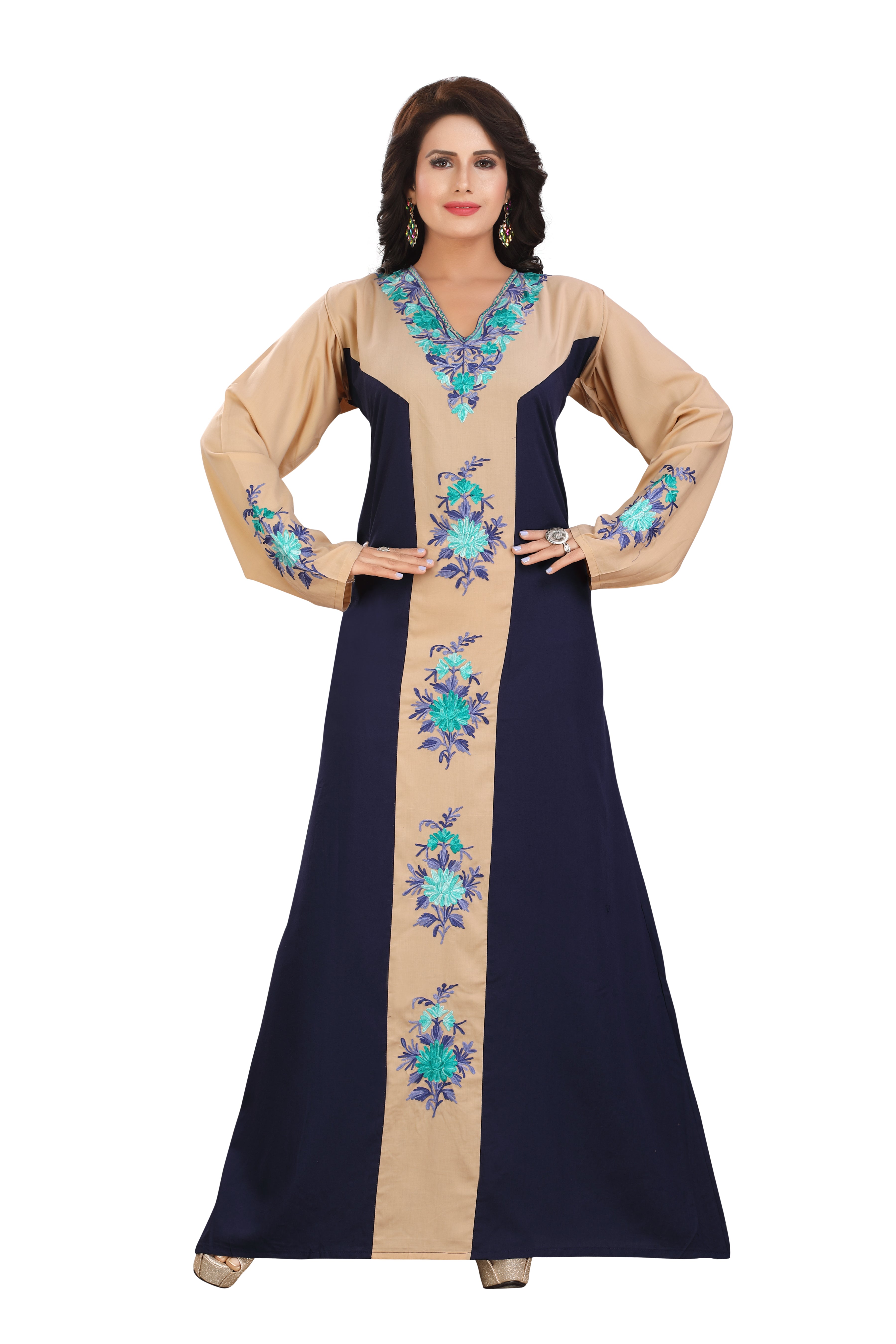 Stylish Beige and Dark Blue Cotton Kaftan Gown Kashmiri EMB RMG-03