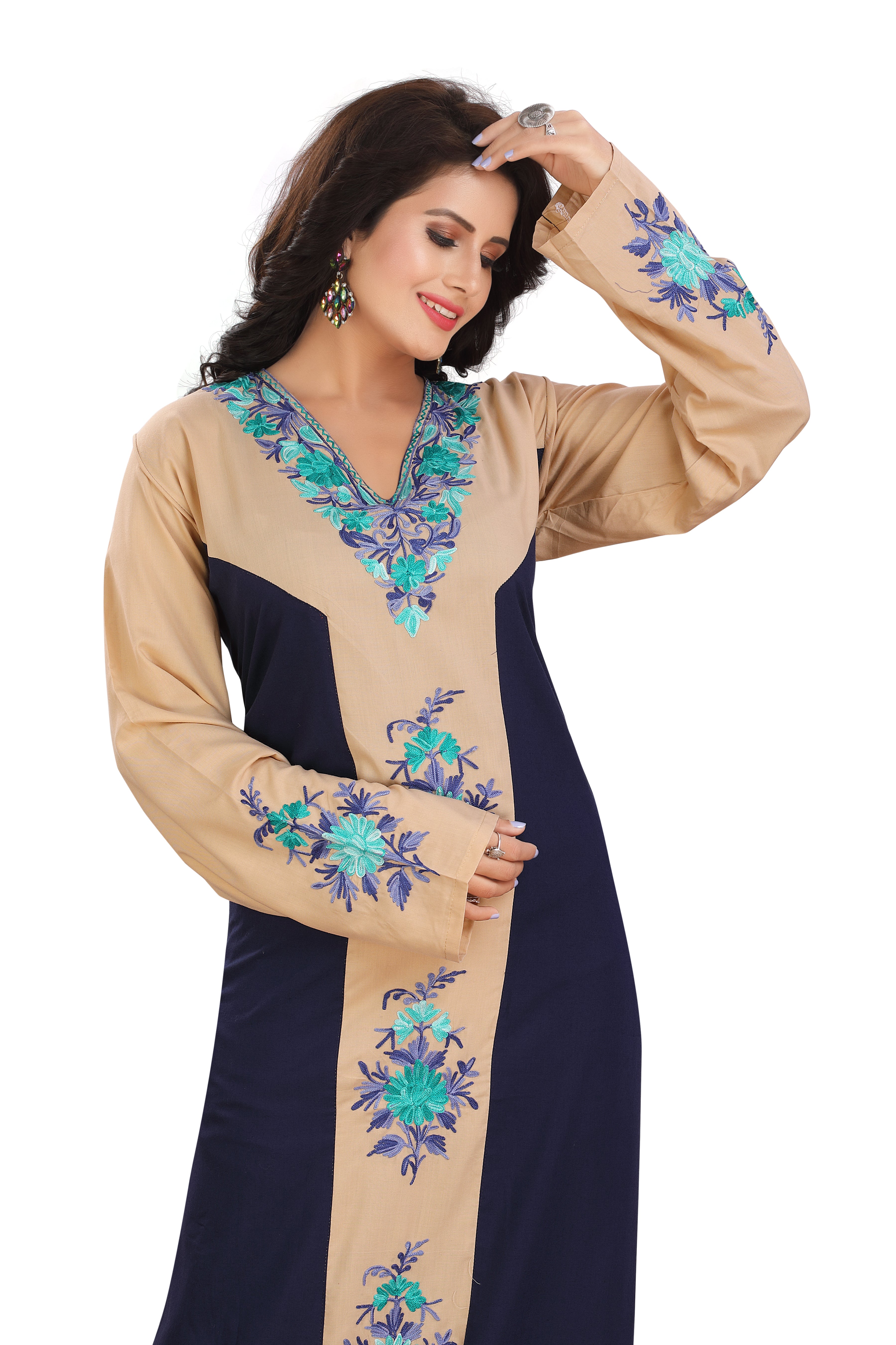 Stylish Beige and Dark Blue Cotton Kaftan Gown Kashmiri EMB RMG-03