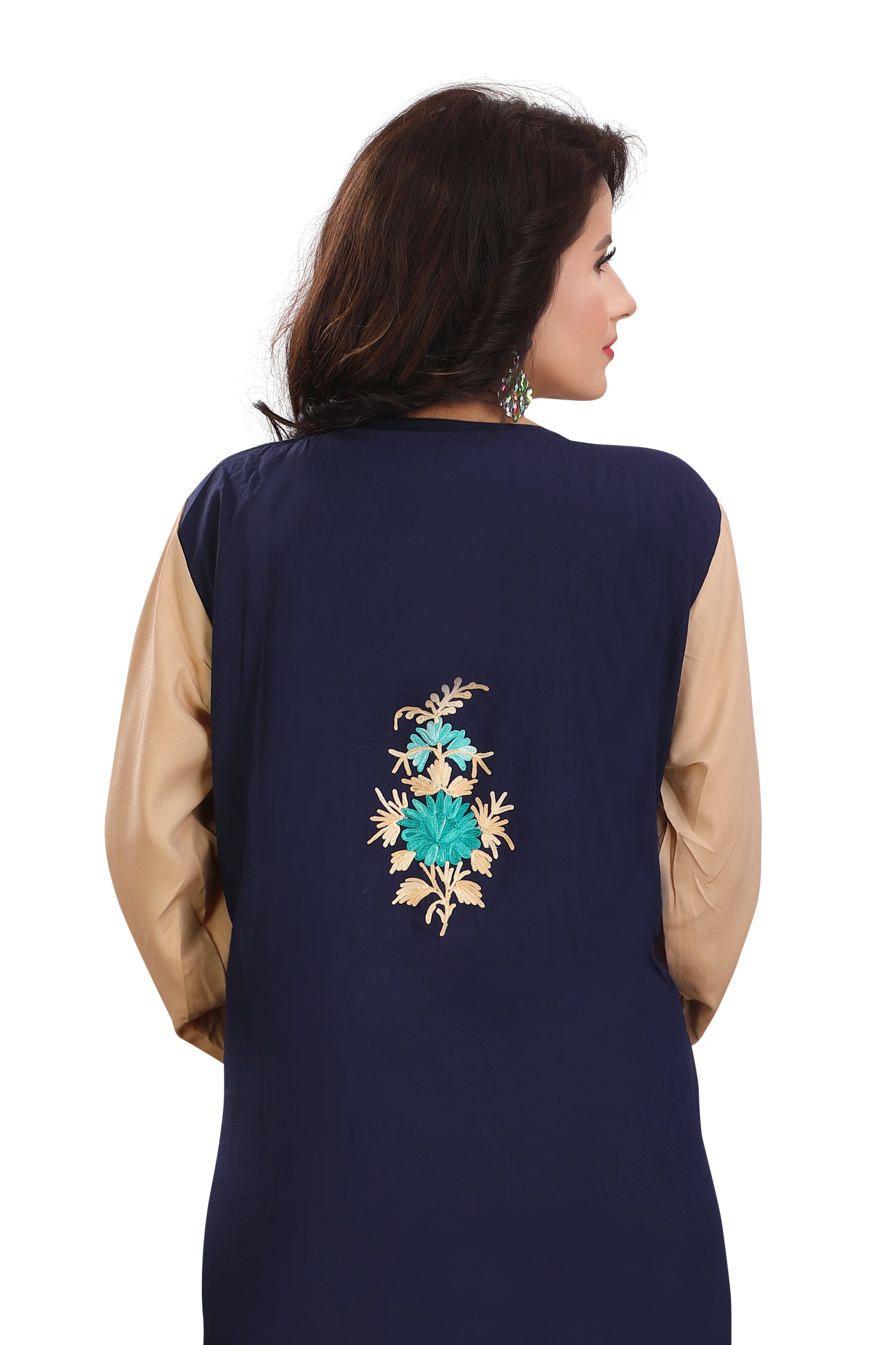 Stylish Beige and Dark Blue Cotton Kaftan Gown Kashmiri EMB RMG-03