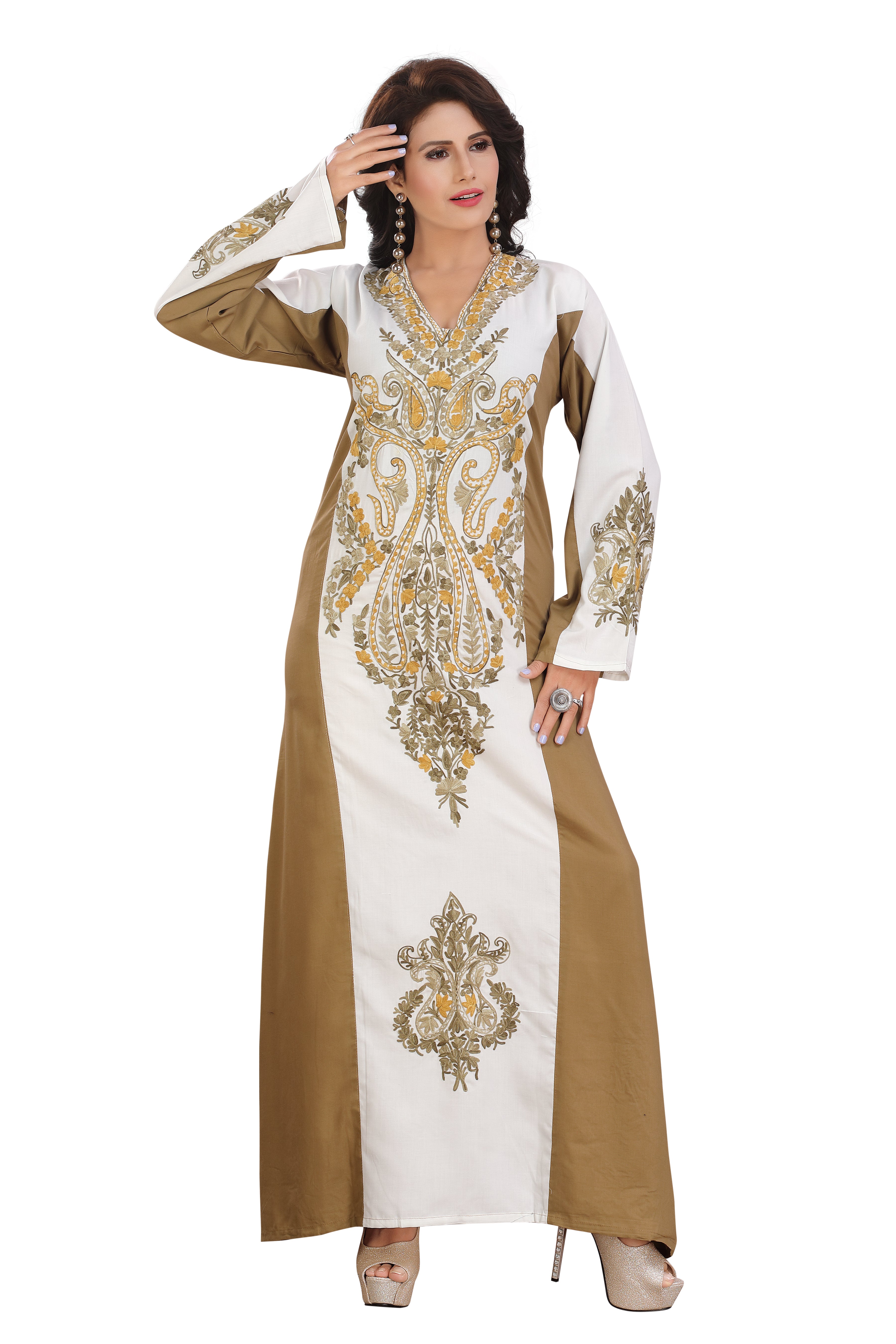 Elegant Golden Embroidered White Cotton Kaftan Gown Kashmiri EMB RMG-04