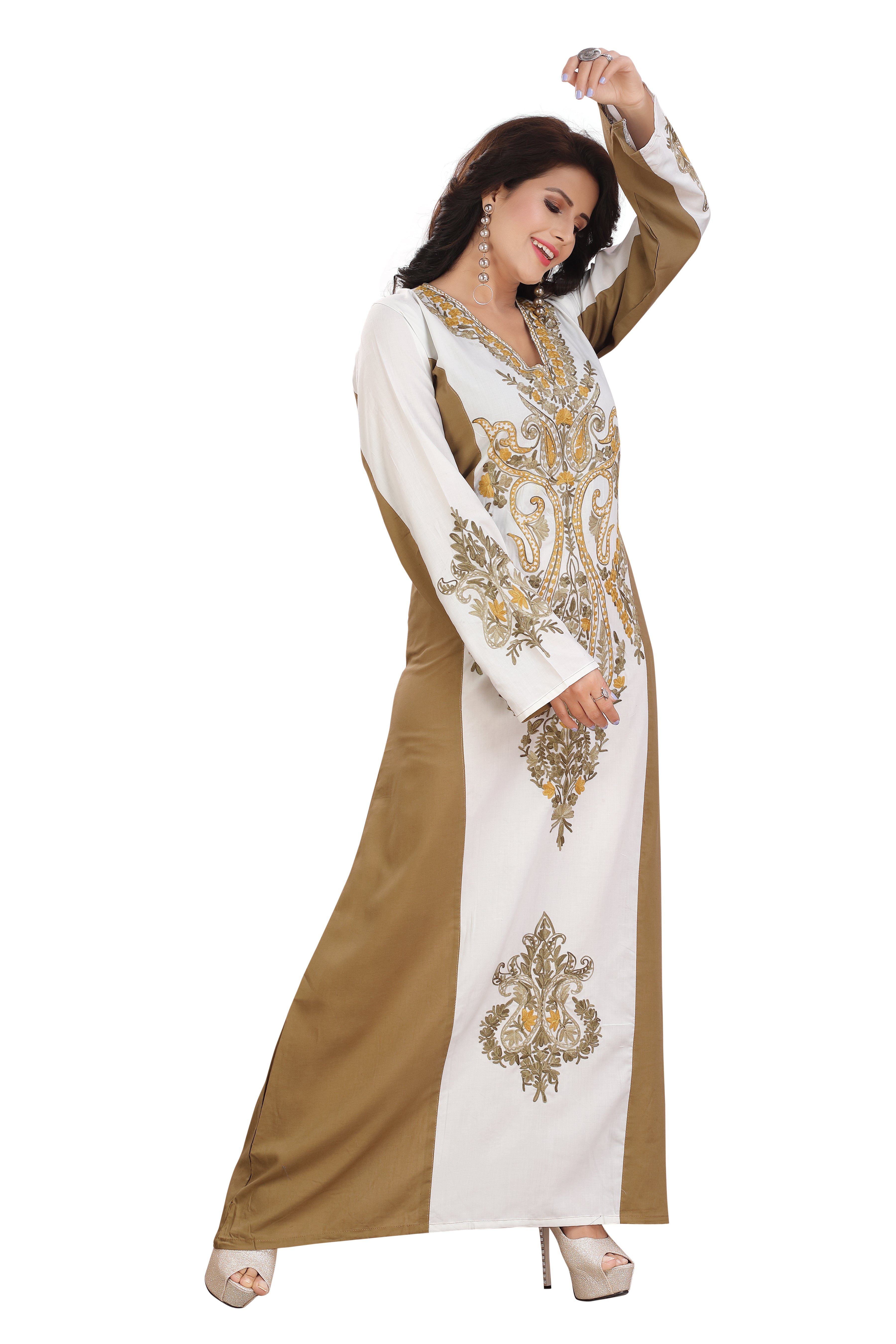 Elegant Golden Embroidered White Cotton Kaftan Gown Kashmiri EMB RMG-04