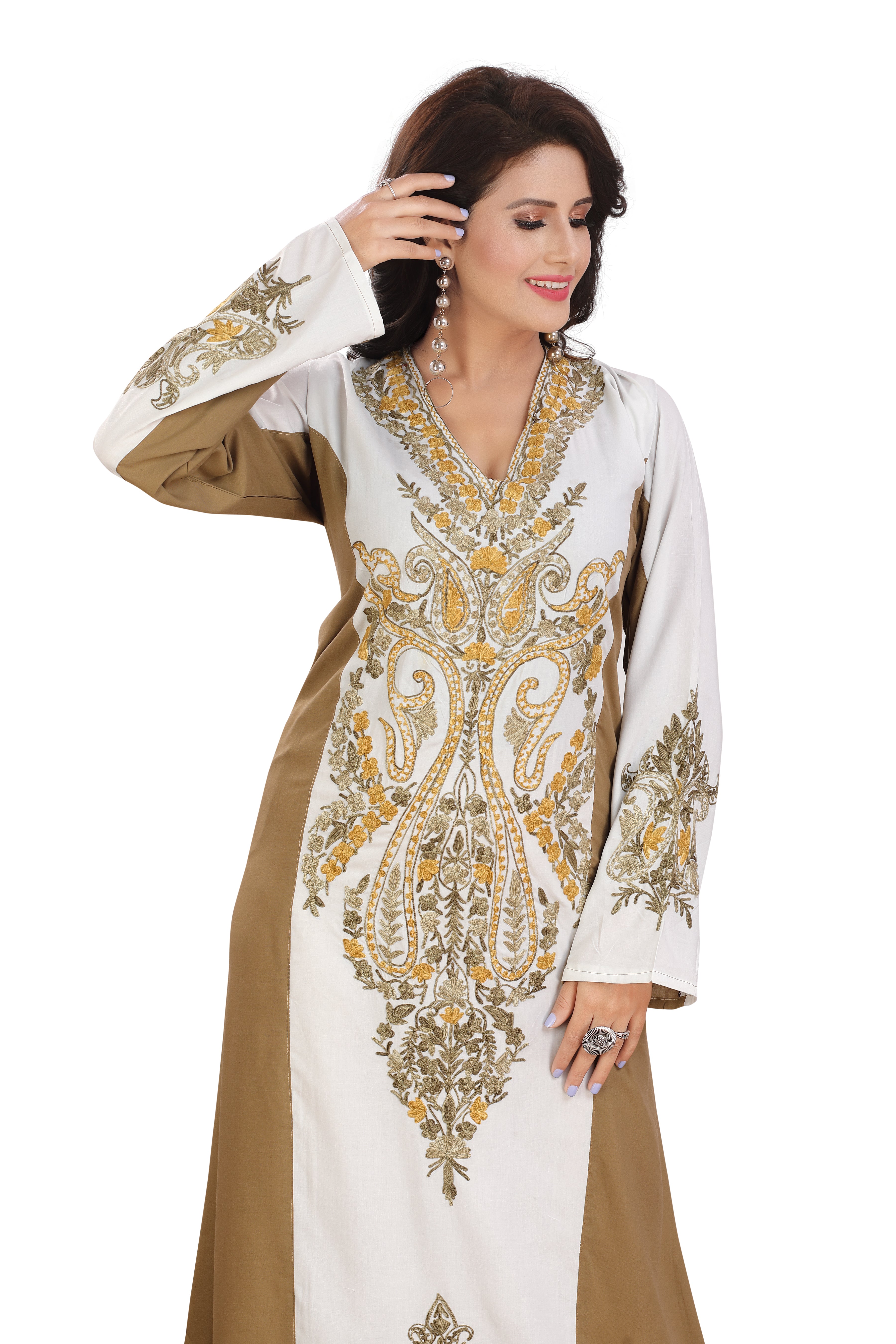 Elegant Golden Embroidered White Cotton Kaftan Gown Kashmiri EMB RMG-04