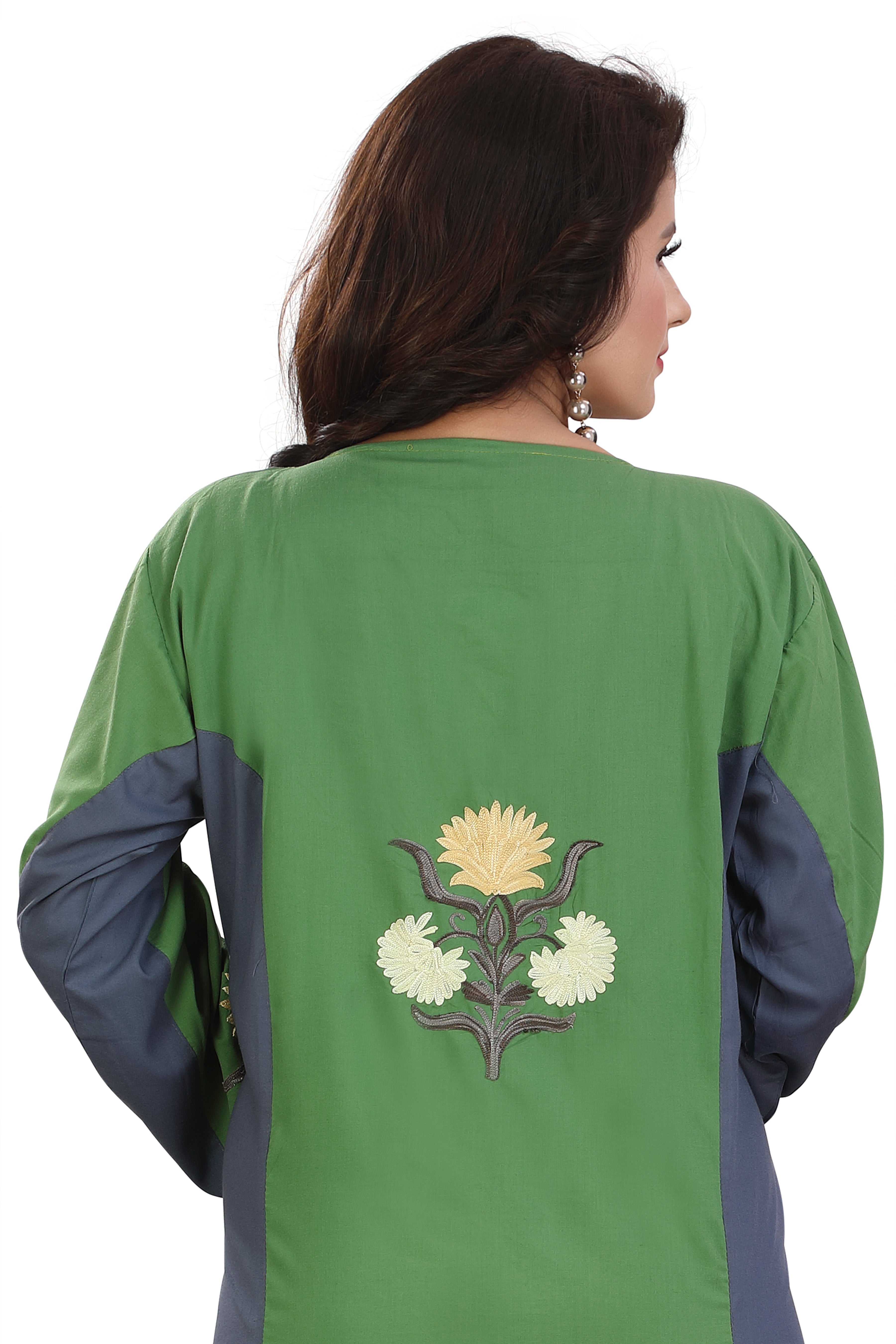 Chic Green and Dark Grey Embroidered Cotton Kaftan Gown Kashmiri EMB RMG-05