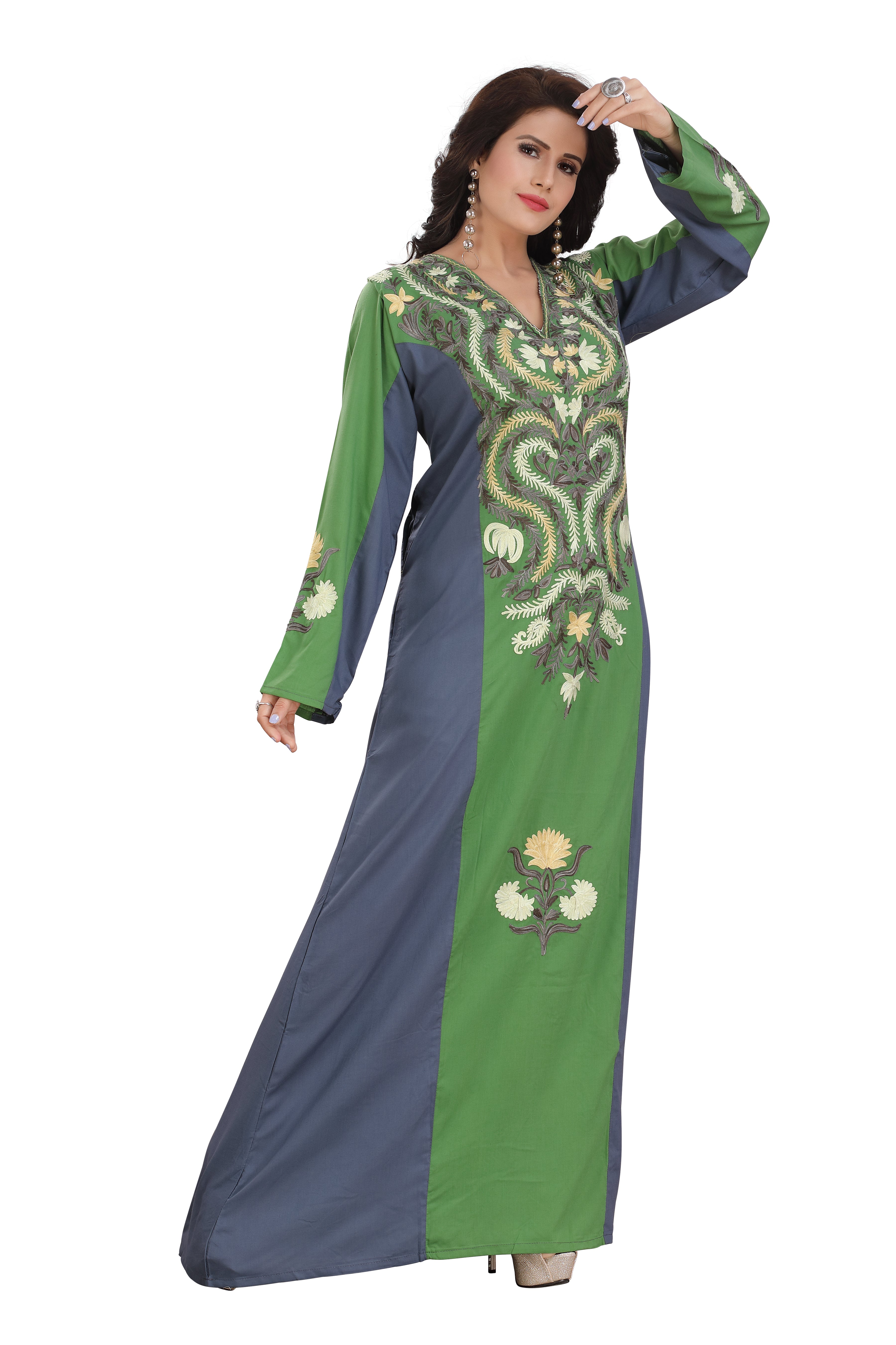 Chic Green and Dark Grey Embroidered Cotton Kaftan Gown Kashmiri EMB RMG-05
