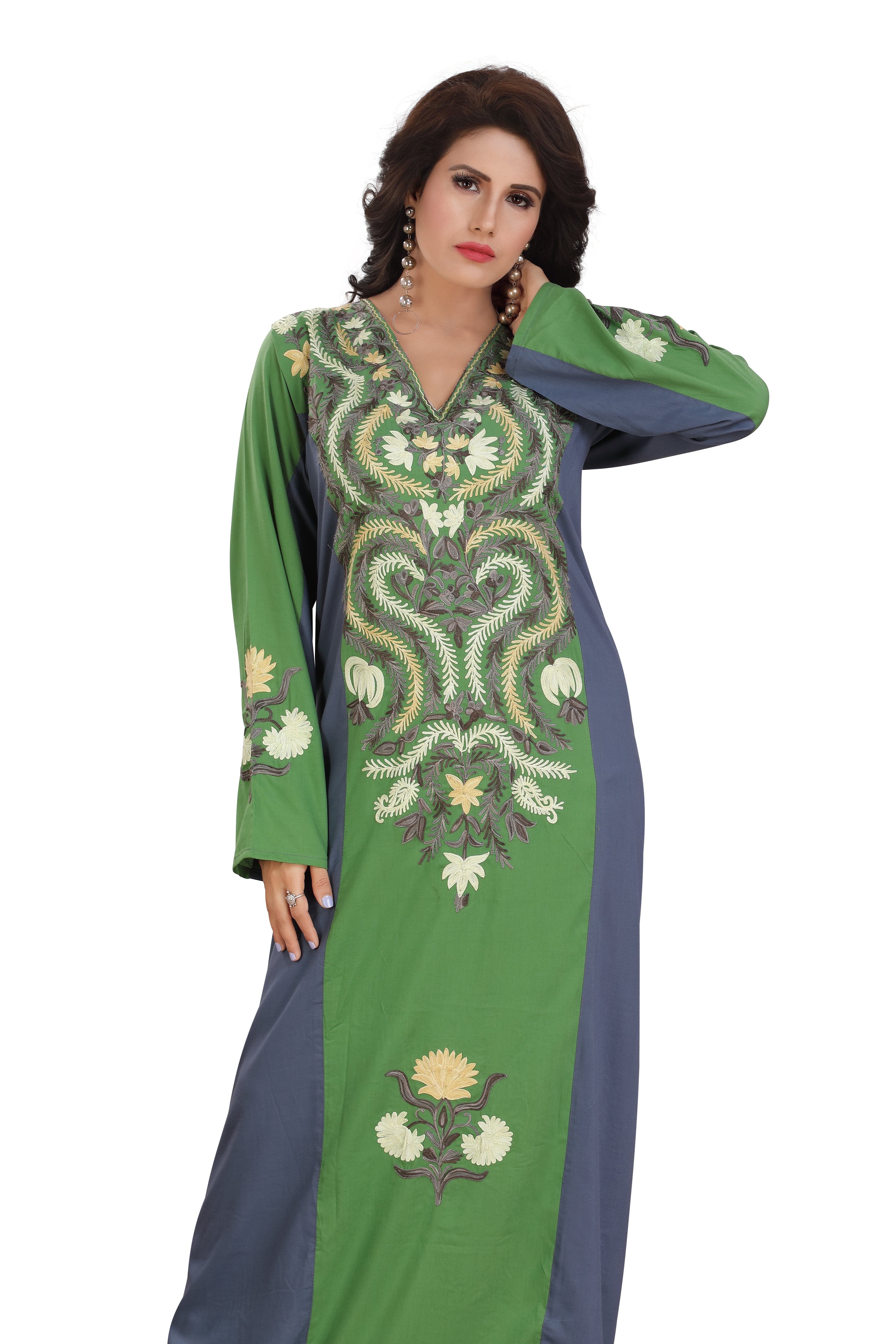 Chic Green and Dark Grey Embroidered Cotton Kaftan Gown Kashmiri EMB RMG-05