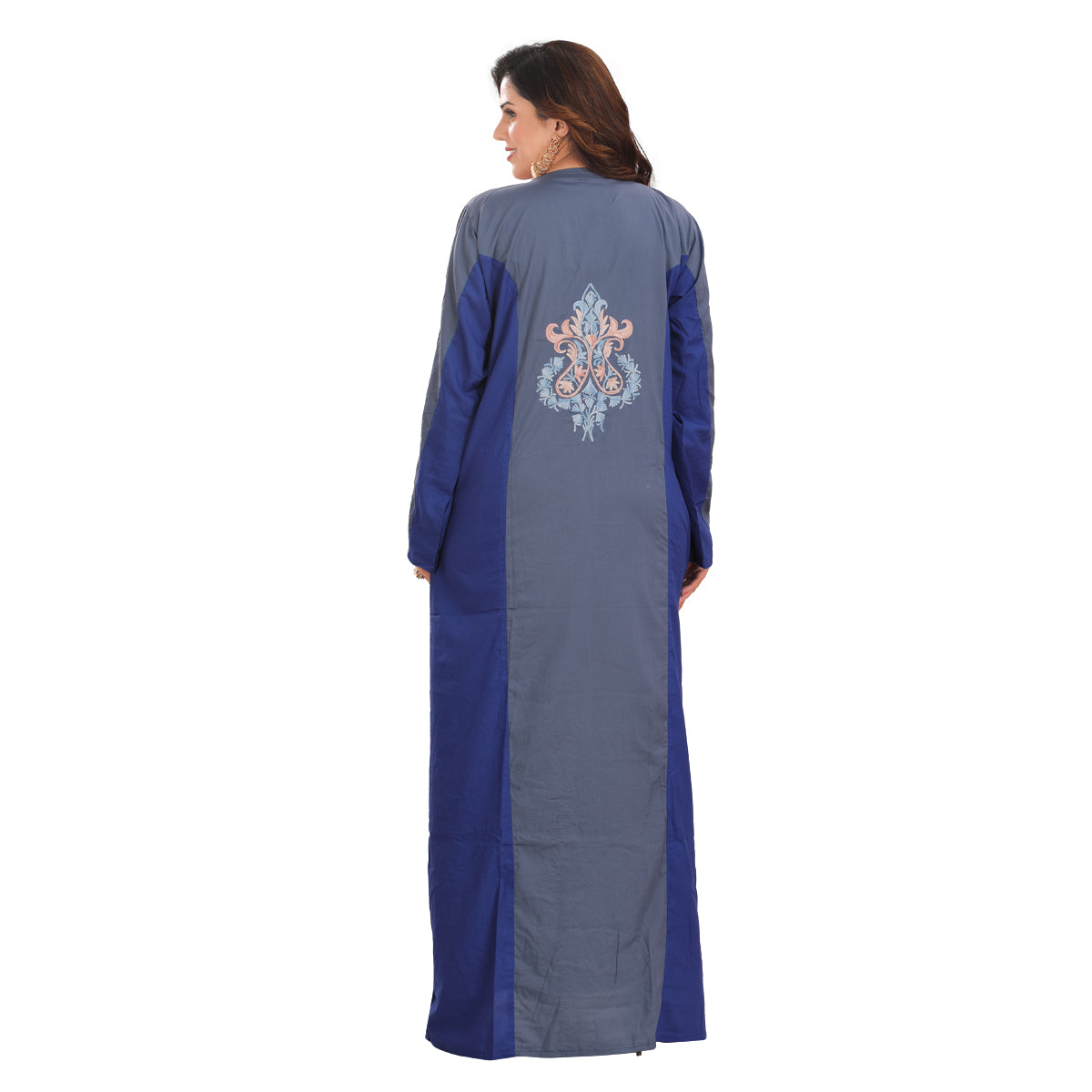 Elegant Dark Blue and Gray Embroidered Cotton Kaftan Gown Kashmiri EMB RMG-06