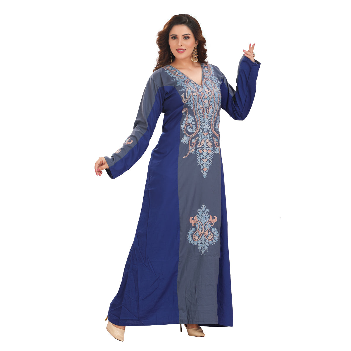 Elegant Dark Blue and Gray Embroidered Cotton Kaftan Gown Kashmiri EMB RMG-06