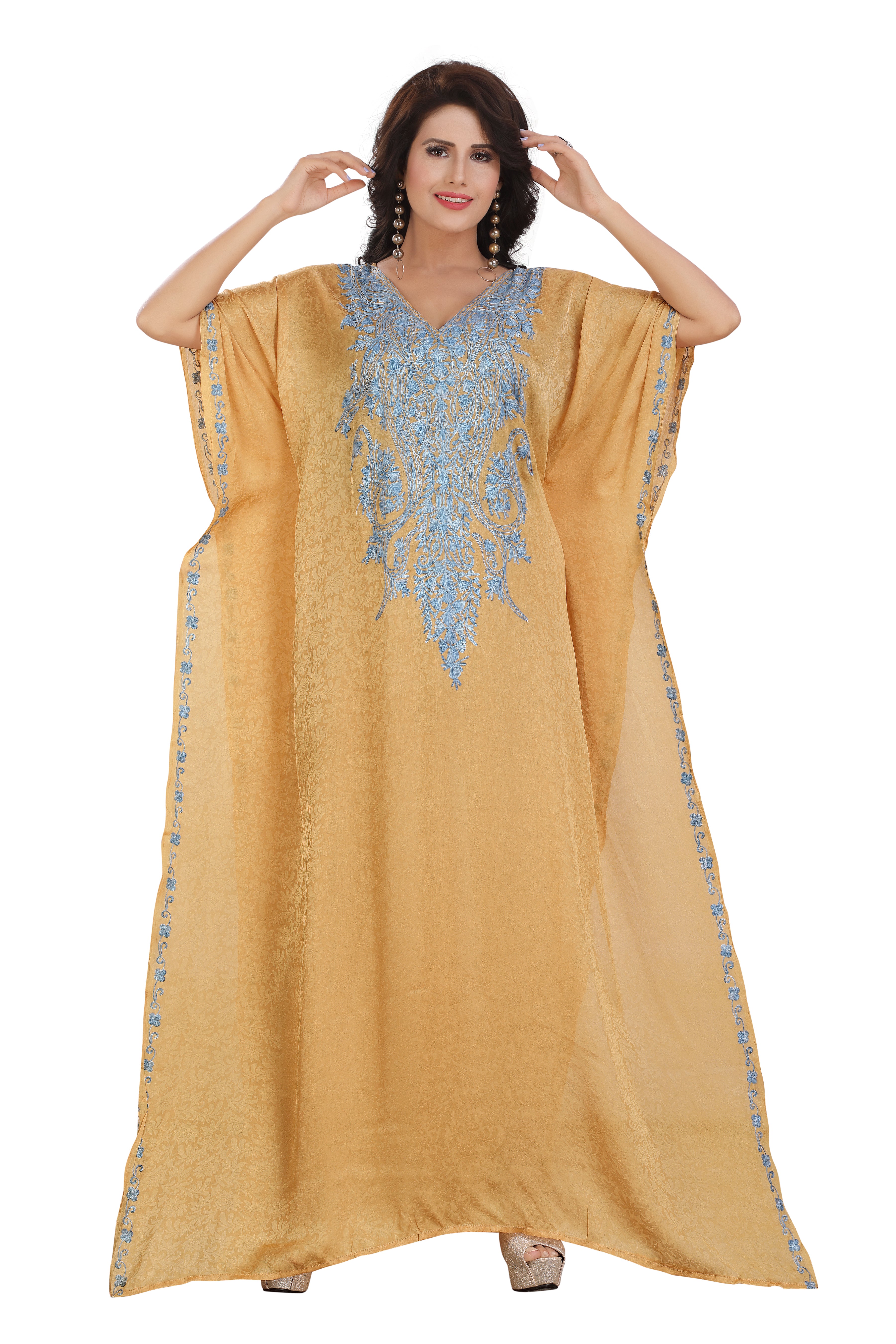 Cotton Silk Stylish Grey Embroidered Golden Cotton Kaftan – Comfortable & Chic Kashmiri Jacqard RMG-02