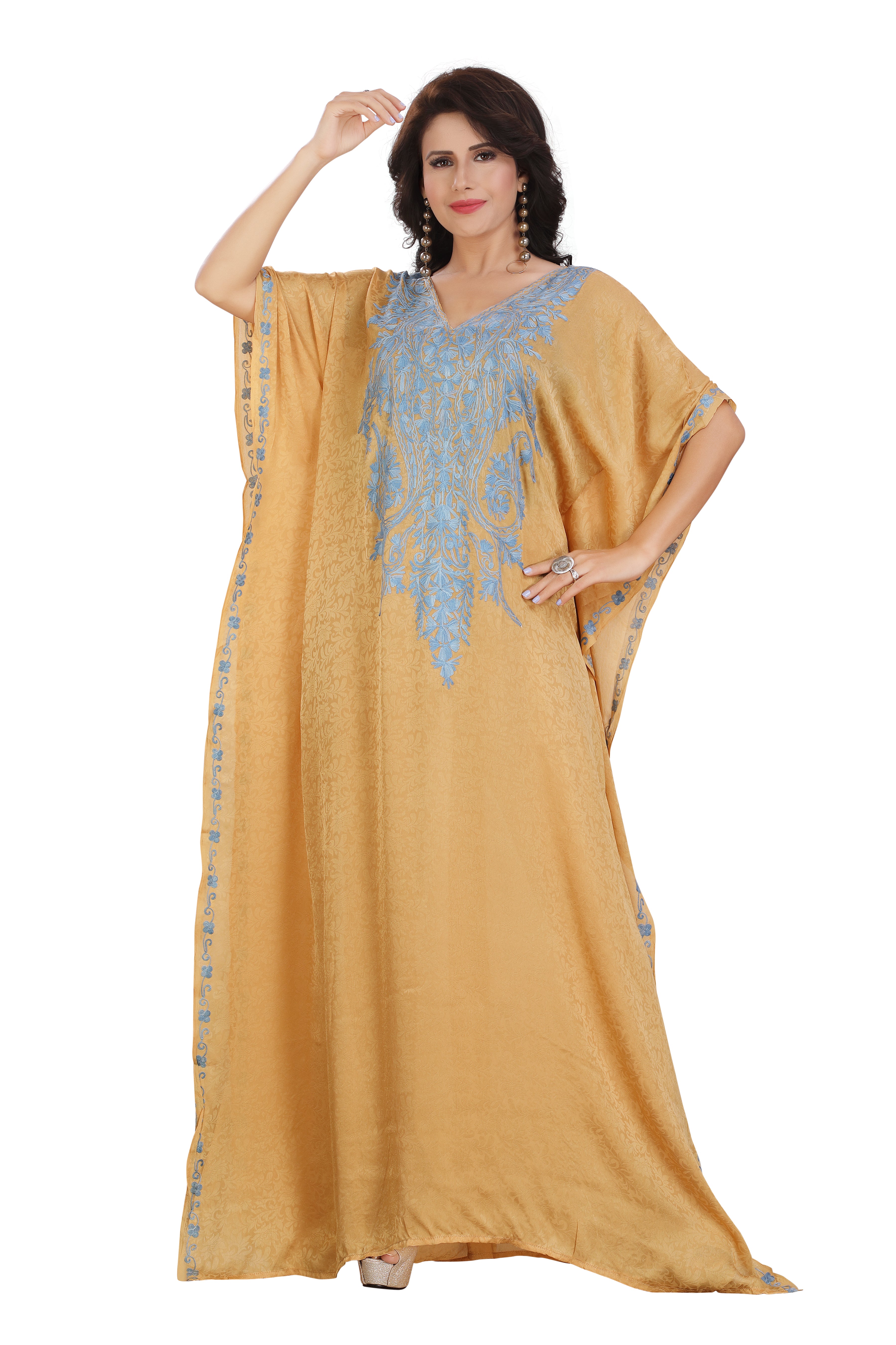 Cotton Silk Stylish Grey Embroidered Golden Cotton Kaftan – Comfortable & Chic Kashmiri Jacqard RMG-02