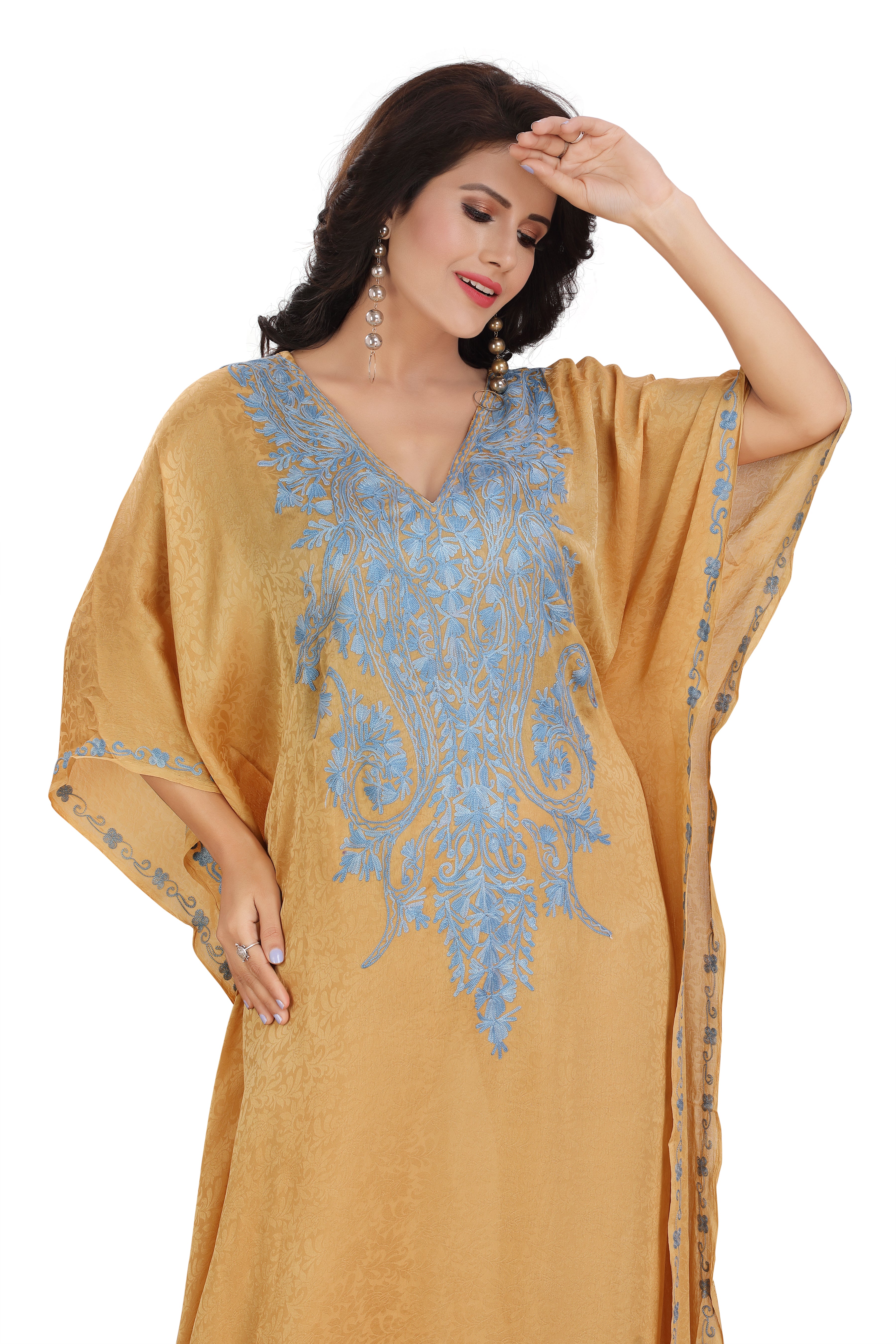 Cotton Silk Stylish Grey Embroidered Golden Cotton Kaftan – Comfortable & Chic Kashmiri Jacqard RMG-02