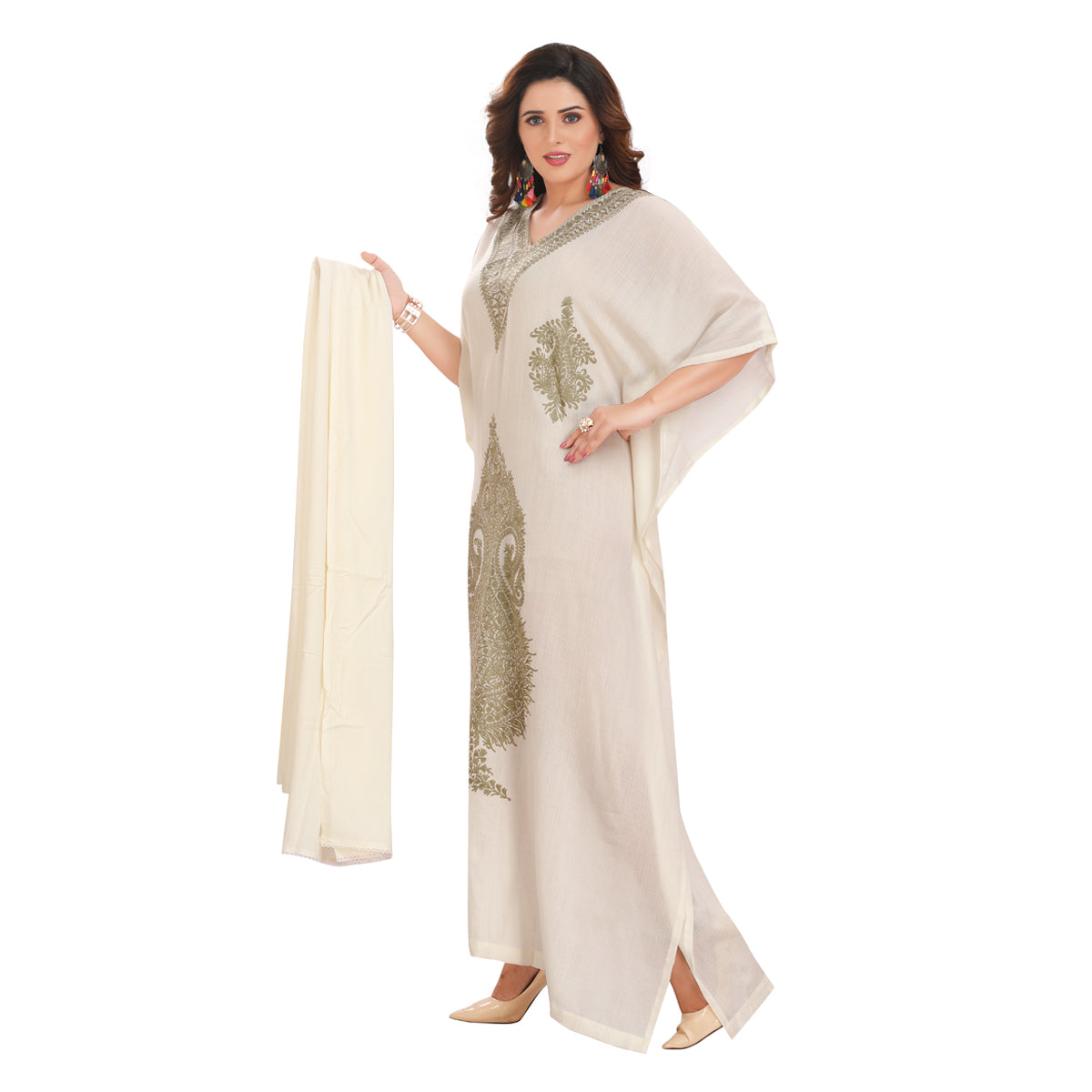 Cotton Silk Classic Beige Farasha Long Kaftan – Elegant & Timeles Kashmiri RMG 02