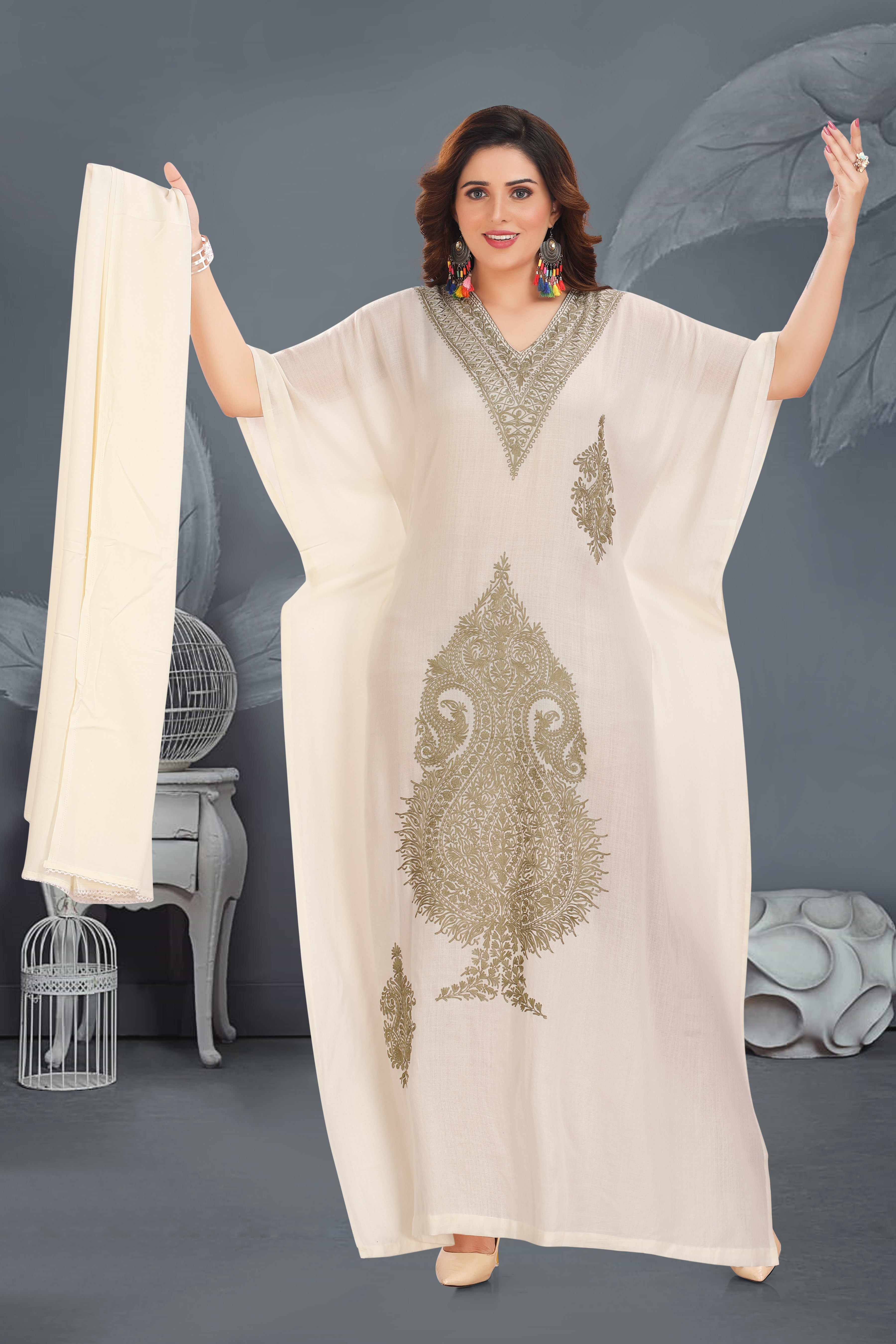 Cotton Silk Classic Beige Farasha Long Kaftan – Elegant & Timeles Kashmiri RMG 02