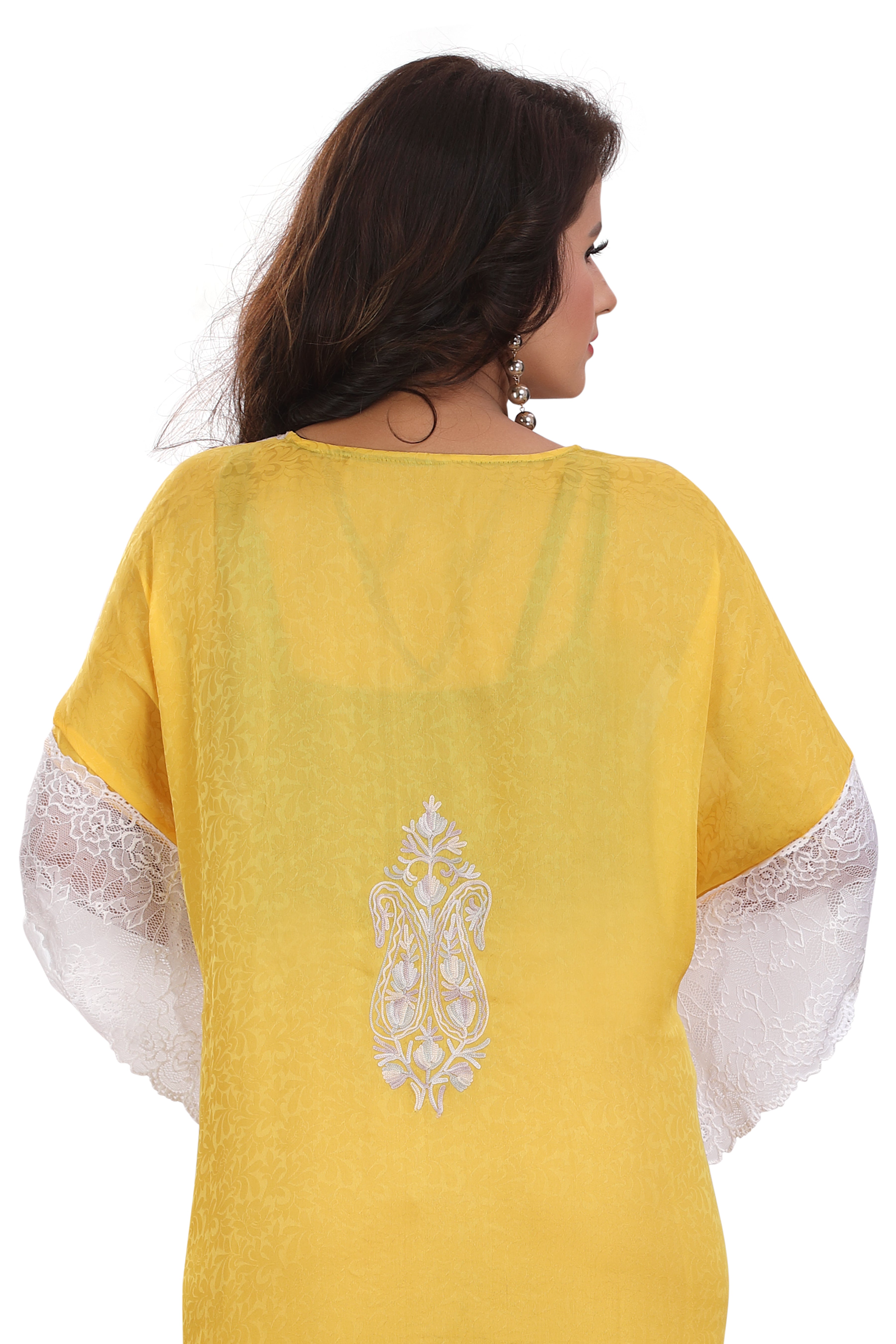 Cotton silk Elegant Yellow Farasha Kaftan with White Lace Embroidery – Stylish & Sophisticated Kashmiri RMG with Lace