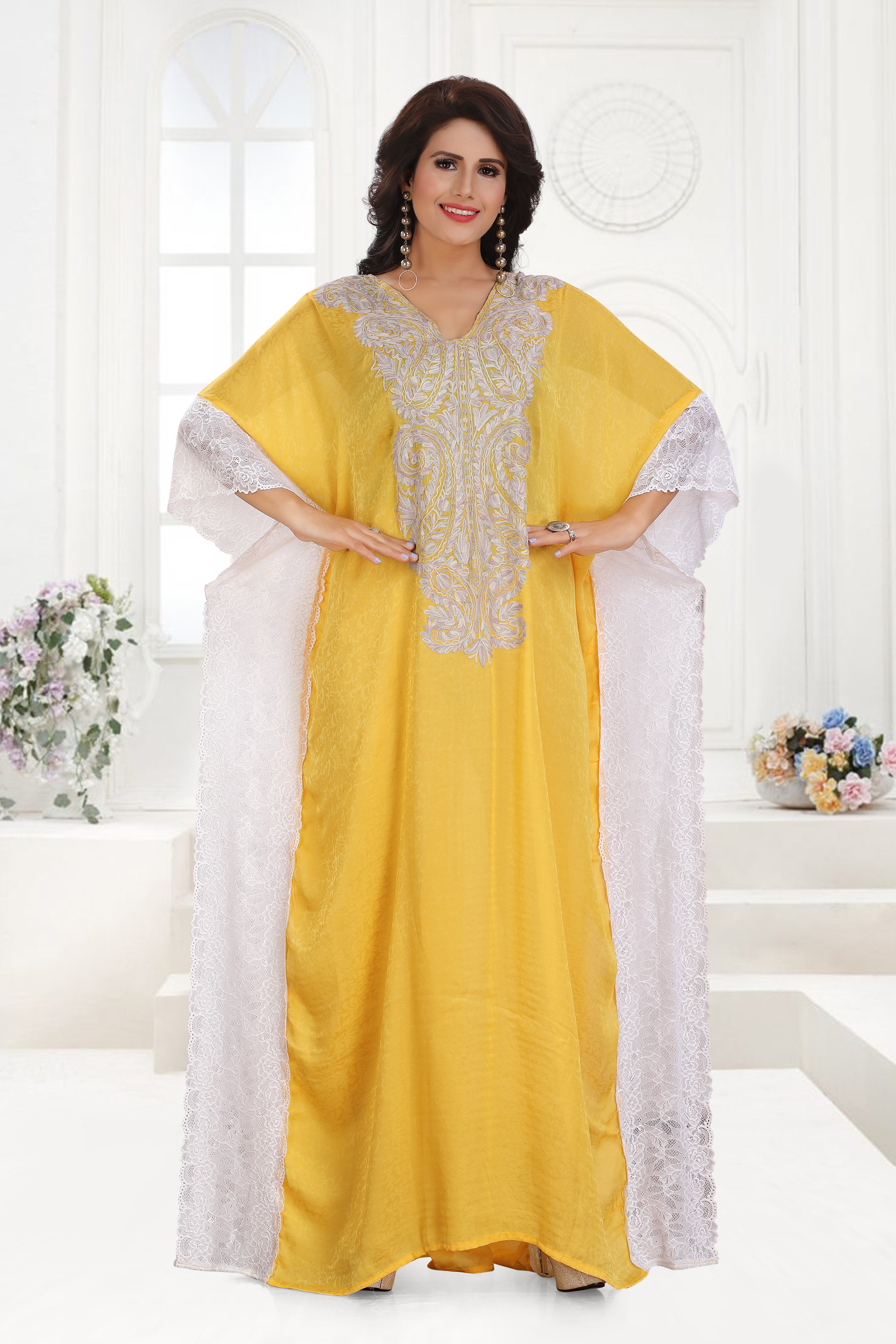 Cotton silk Elegant Yellow Farasha Kaftan with White Lace Embroidery – Stylish & Sophisticated Kashmiri RMG with Lace