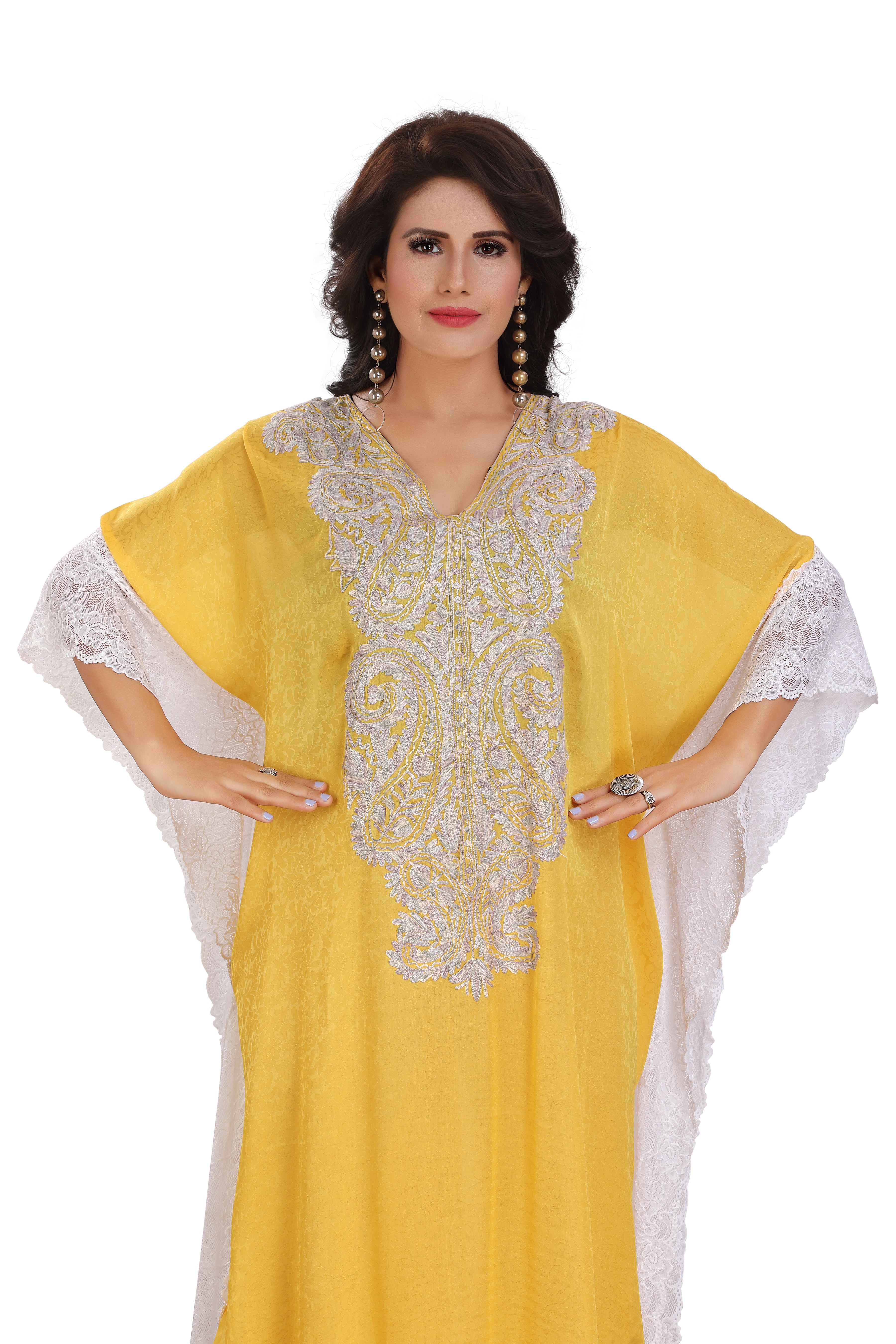 Cotton silk Elegant Yellow Farasha Kaftan with White Lace Embroidery – Stylish & Sophisticated Kashmiri RMG with Lace
