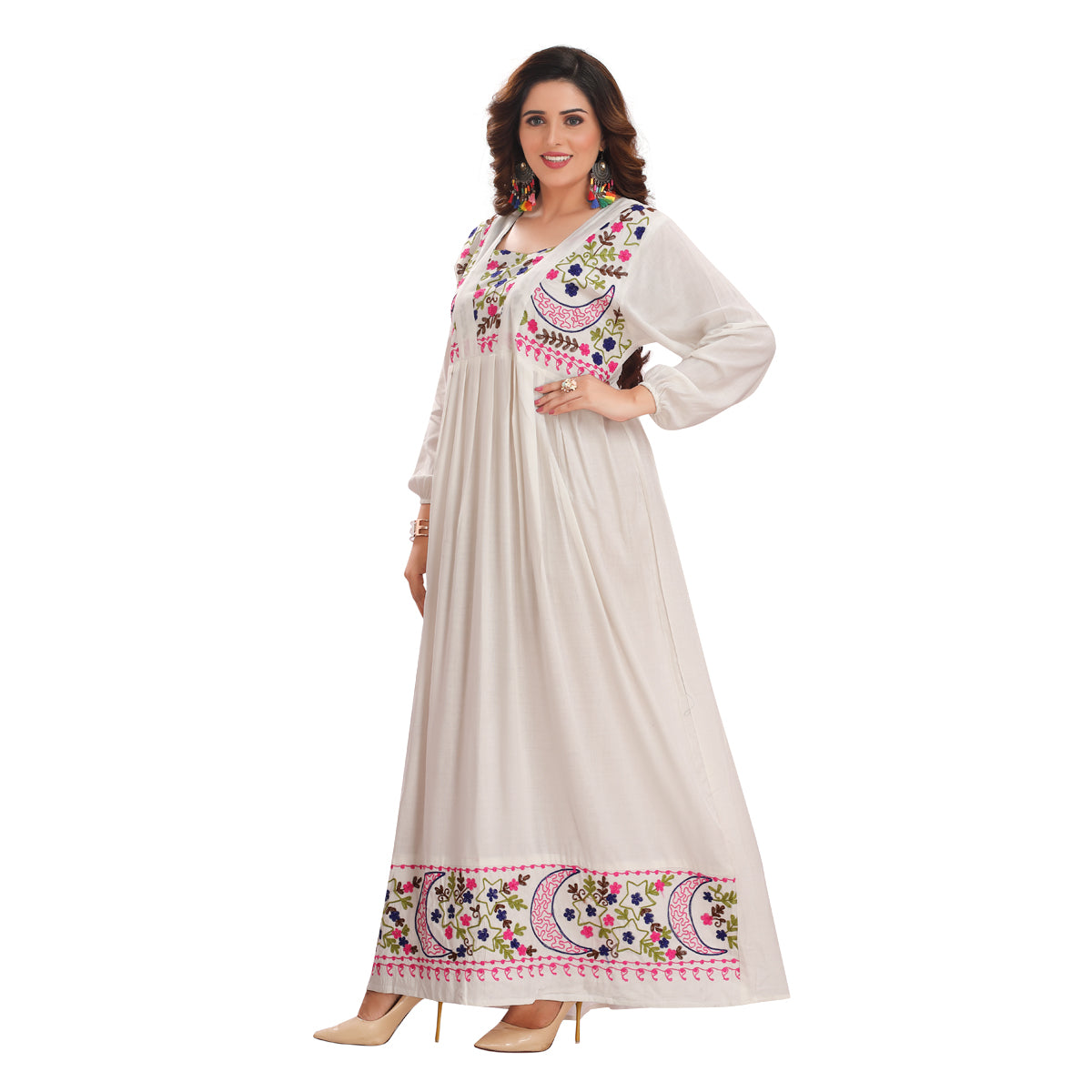 Rayon Elegant White Ankle-Length Gown with Mixed Patterns – Chic & Sophisticated KM-1118-DP