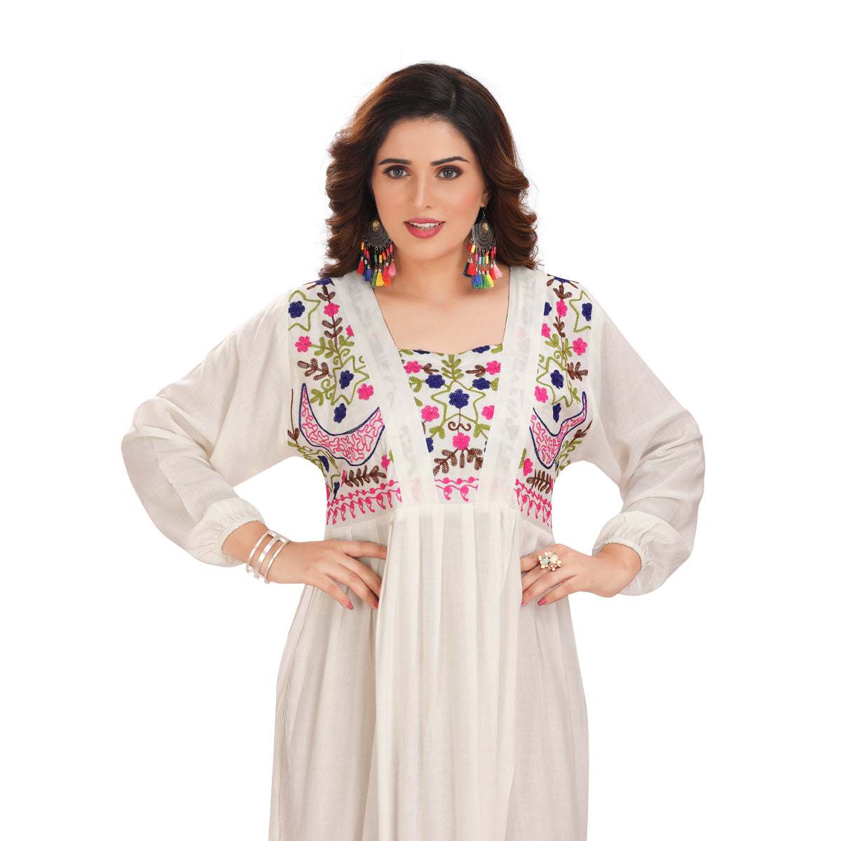 Rayon Elegant White Ankle-Length Gown with Mixed Patterns – Chic & Sophisticated KM-1118-DP