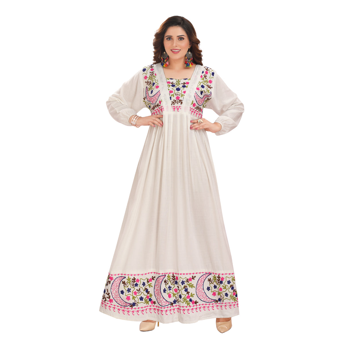 Rayon Elegant White Ankle-Length Gown with Mixed Patterns – Chic & Sophisticated KM-1118-DP