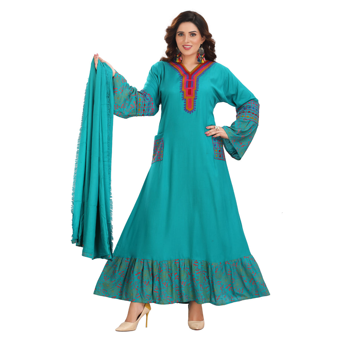 Green Ankle-Length Rayon Gown with Mixed Patterns – Stylish & Comfortable KM-1135