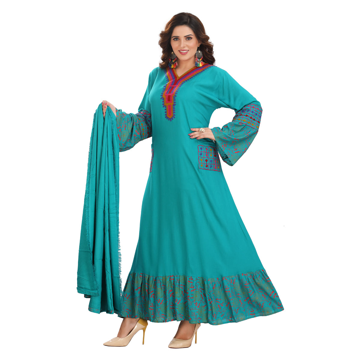 Green Ankle-Length Rayon Gown with Mixed Patterns – Stylish & Comfortable KM-1135