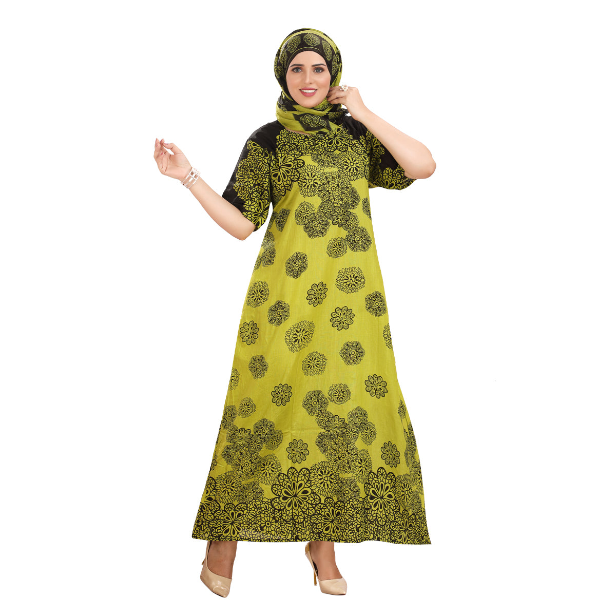 Charming Half-Sleeve Yellow Embroidered Cotton Gown – Elegant & Comfortable L-2638