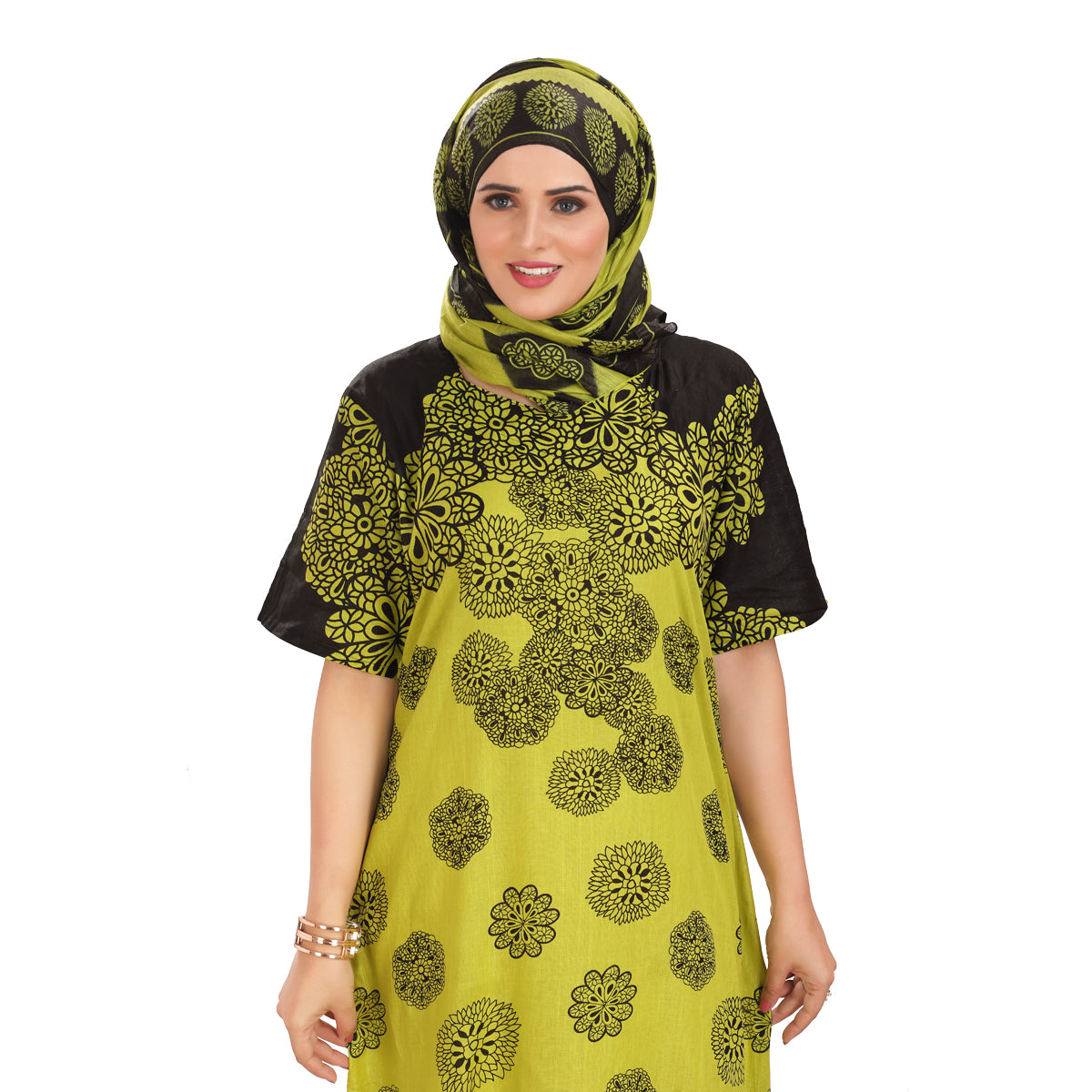 Charming Half-Sleeve Yellow Embroidered Cotton Gown – Elegant & Comfortable L-2638