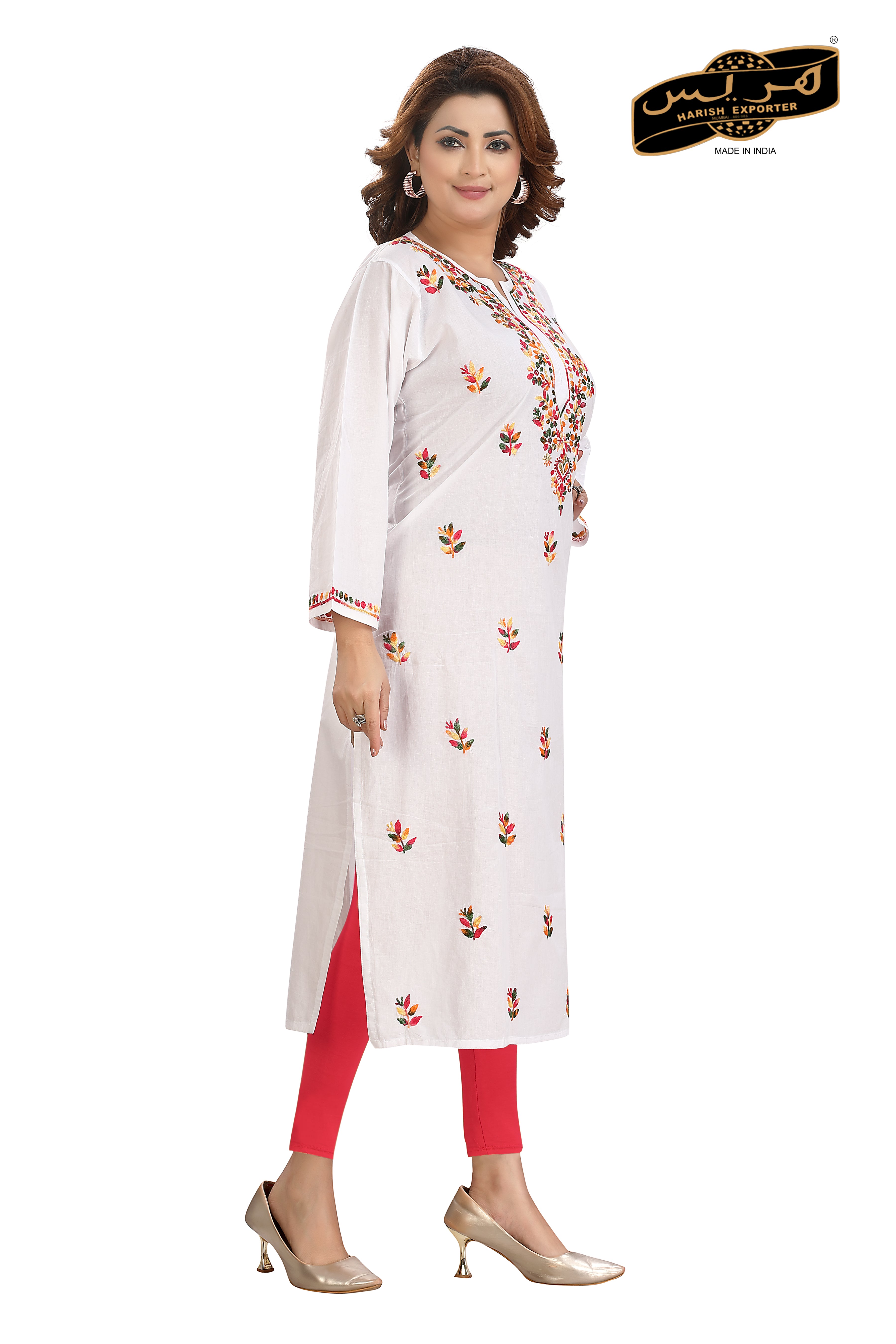 White Long Rayon Lucknowi Embroidered Kurti - Elegant & Stylish