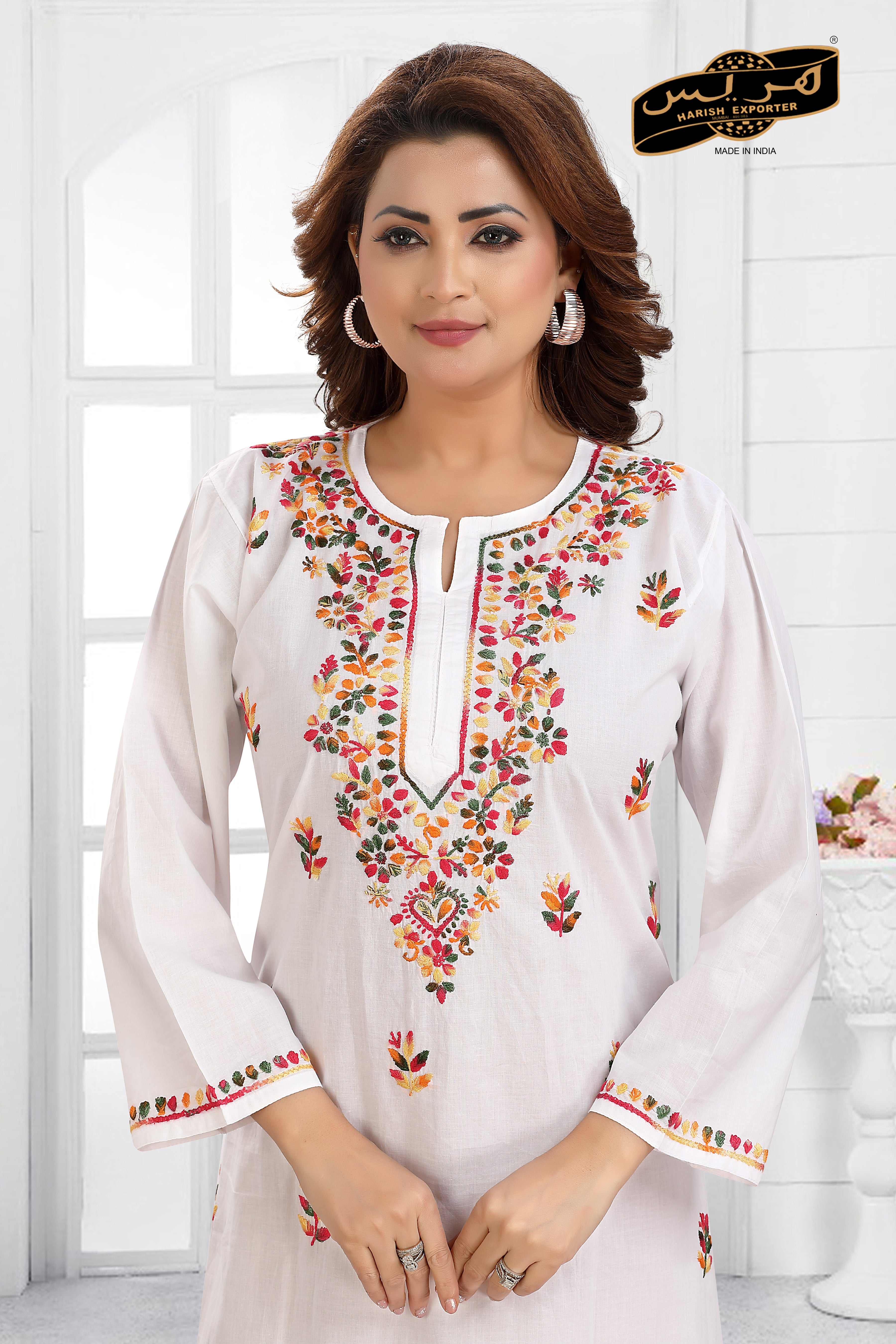 White Long Rayon Lucknowi Embroidered Kurti - Elegant & Stylish