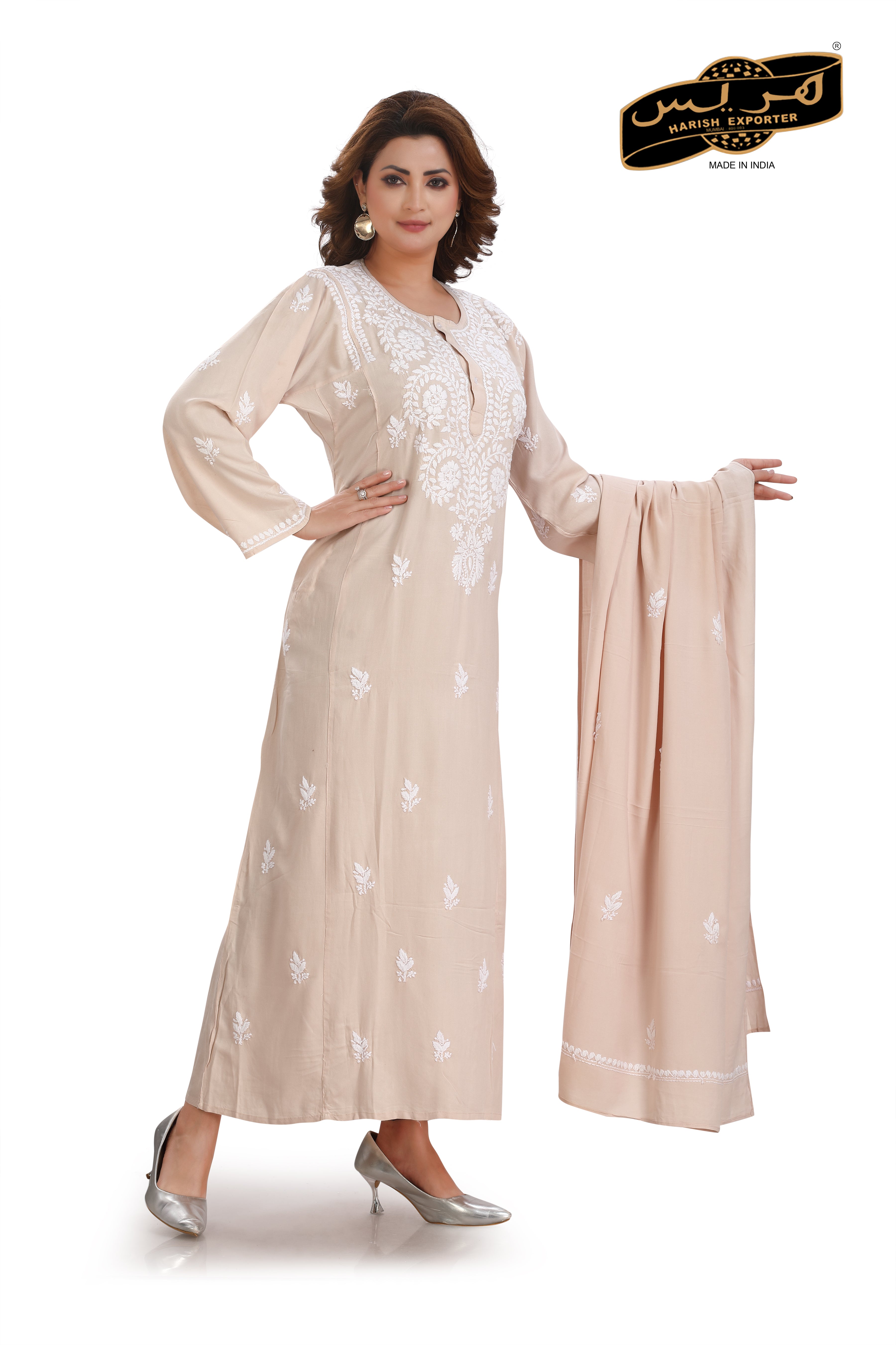 Lucknowi Rayon Beige Embroidered Kaftan - Elegant & Comfortable