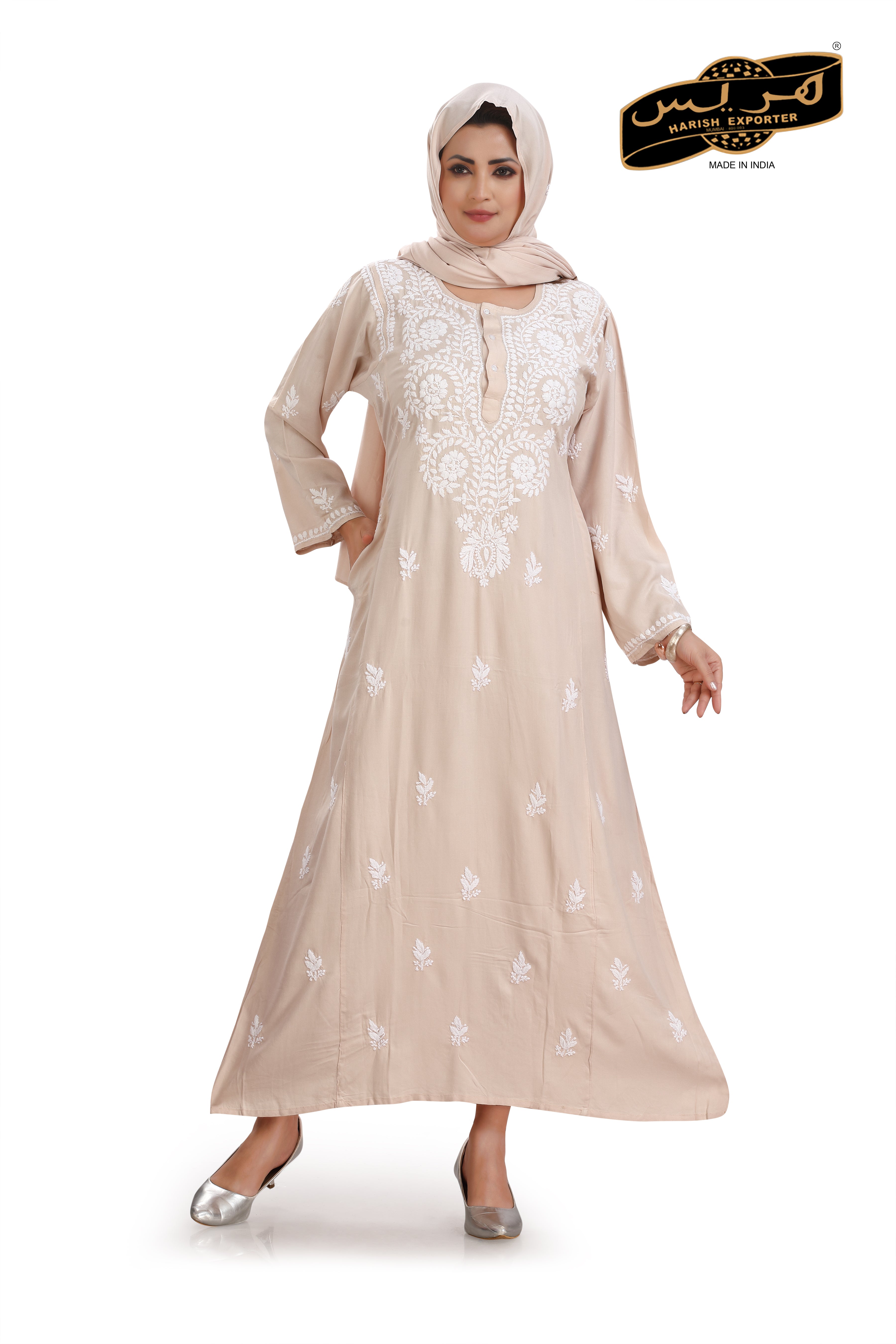 Lucknowi Rayon Beige Embroidered Kaftan - Elegant & Comfortable