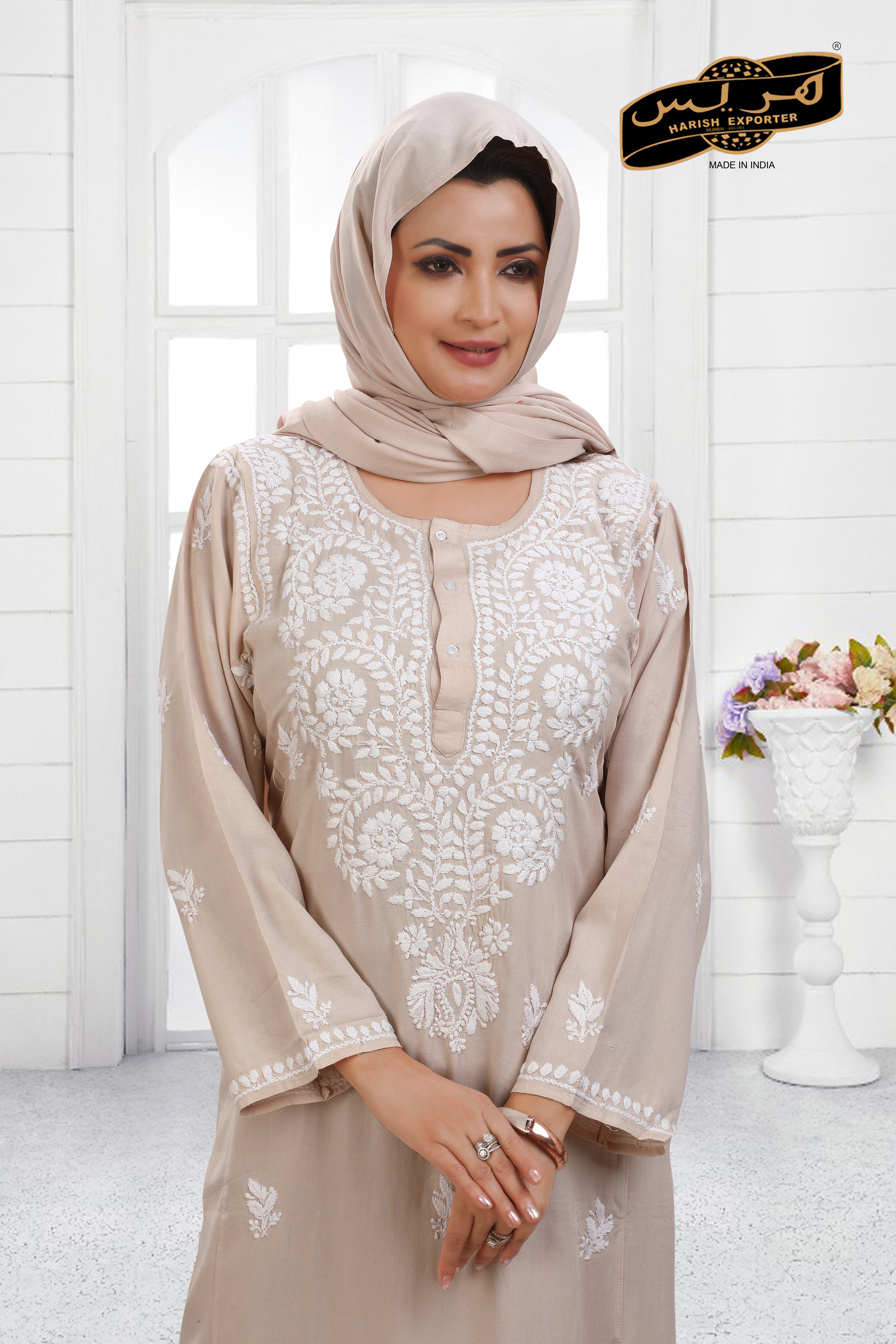 Lucknowi Rayon Beige Embroidered Kaftan - Elegant & Comfortable