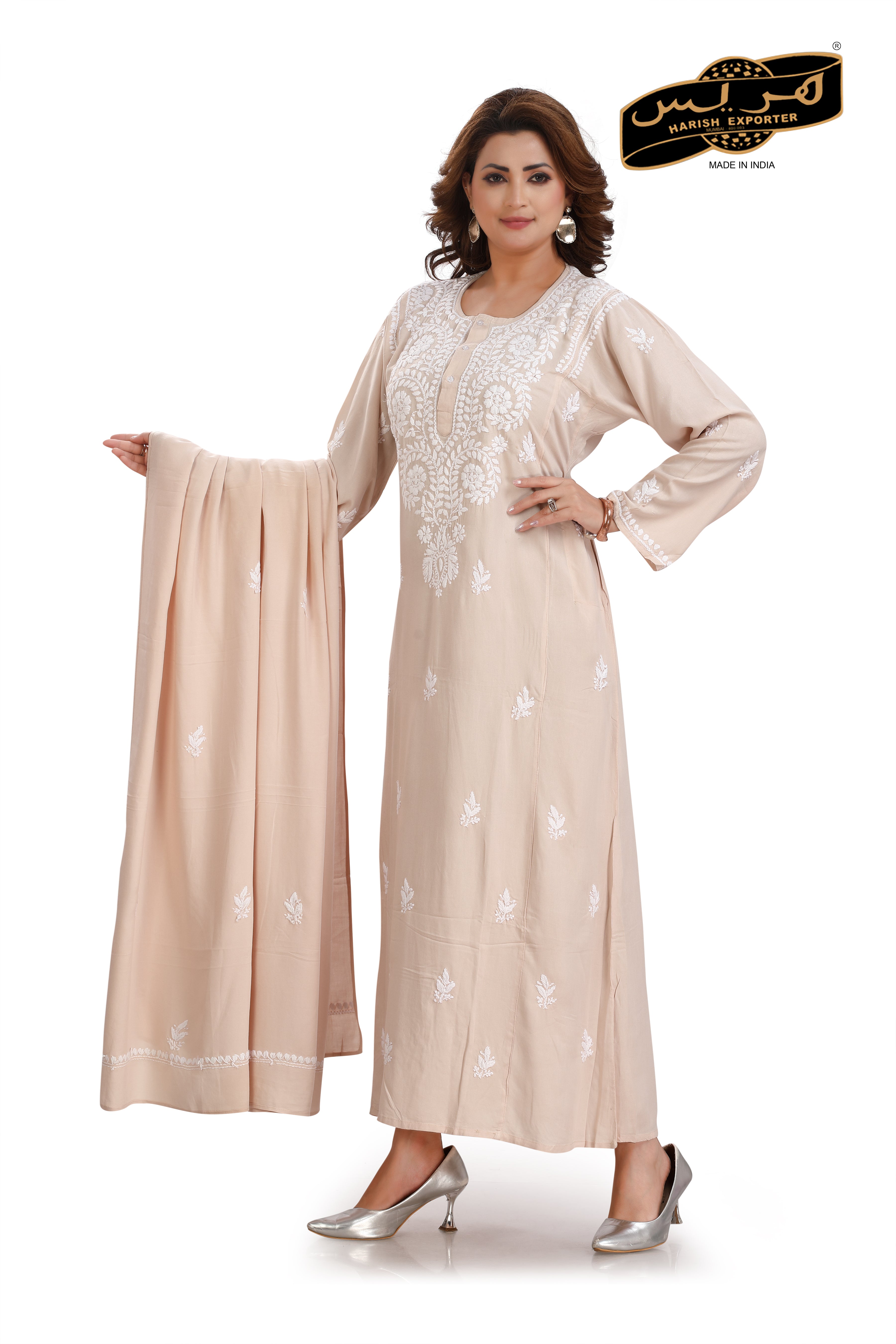 Lucknowi Rayon Beige Embroidered Kaftan - Elegant & Comfortable
