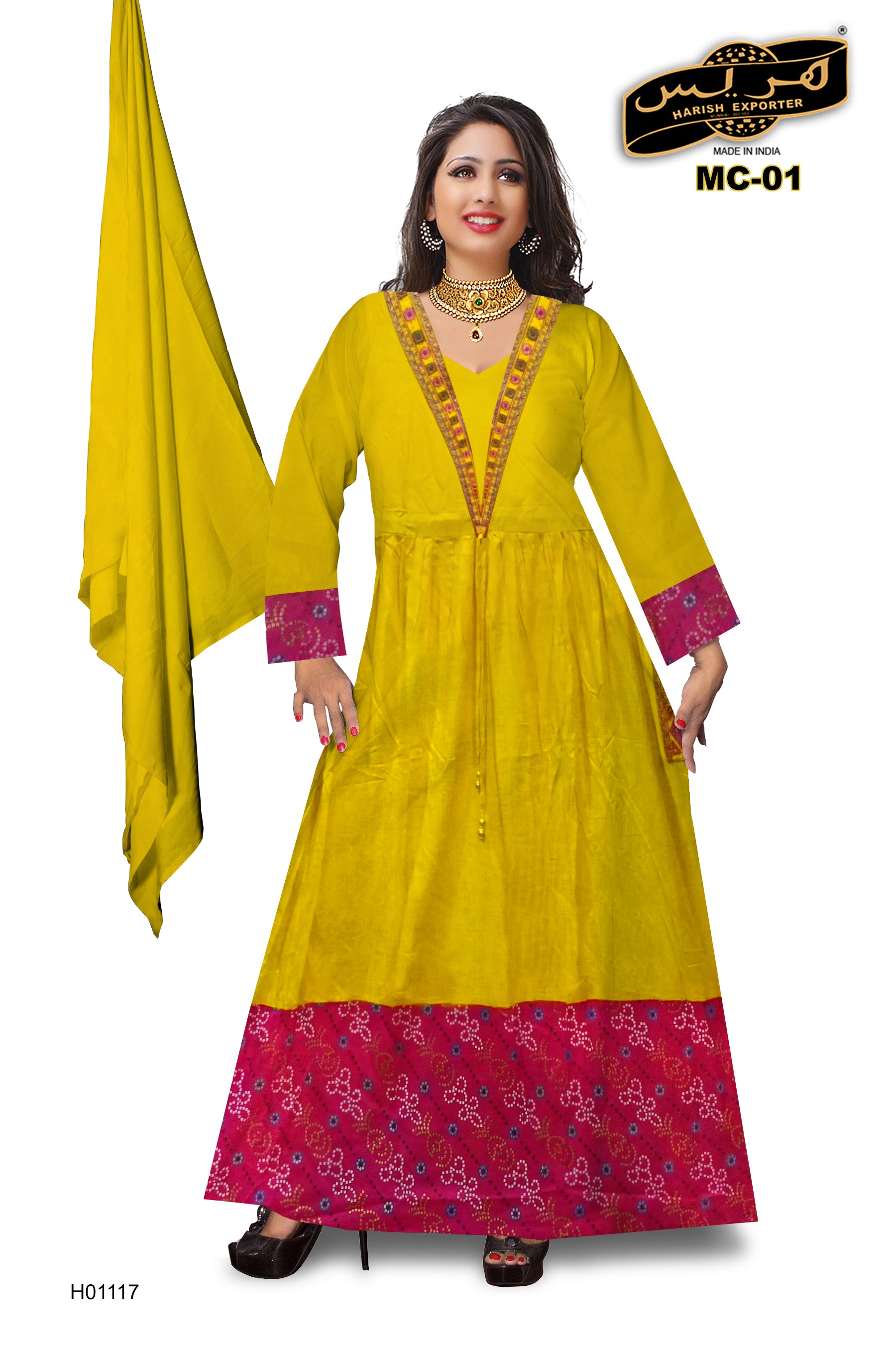 Yellow and Red Mix Pattern Design Kaftan Rayon MC-01-H01117