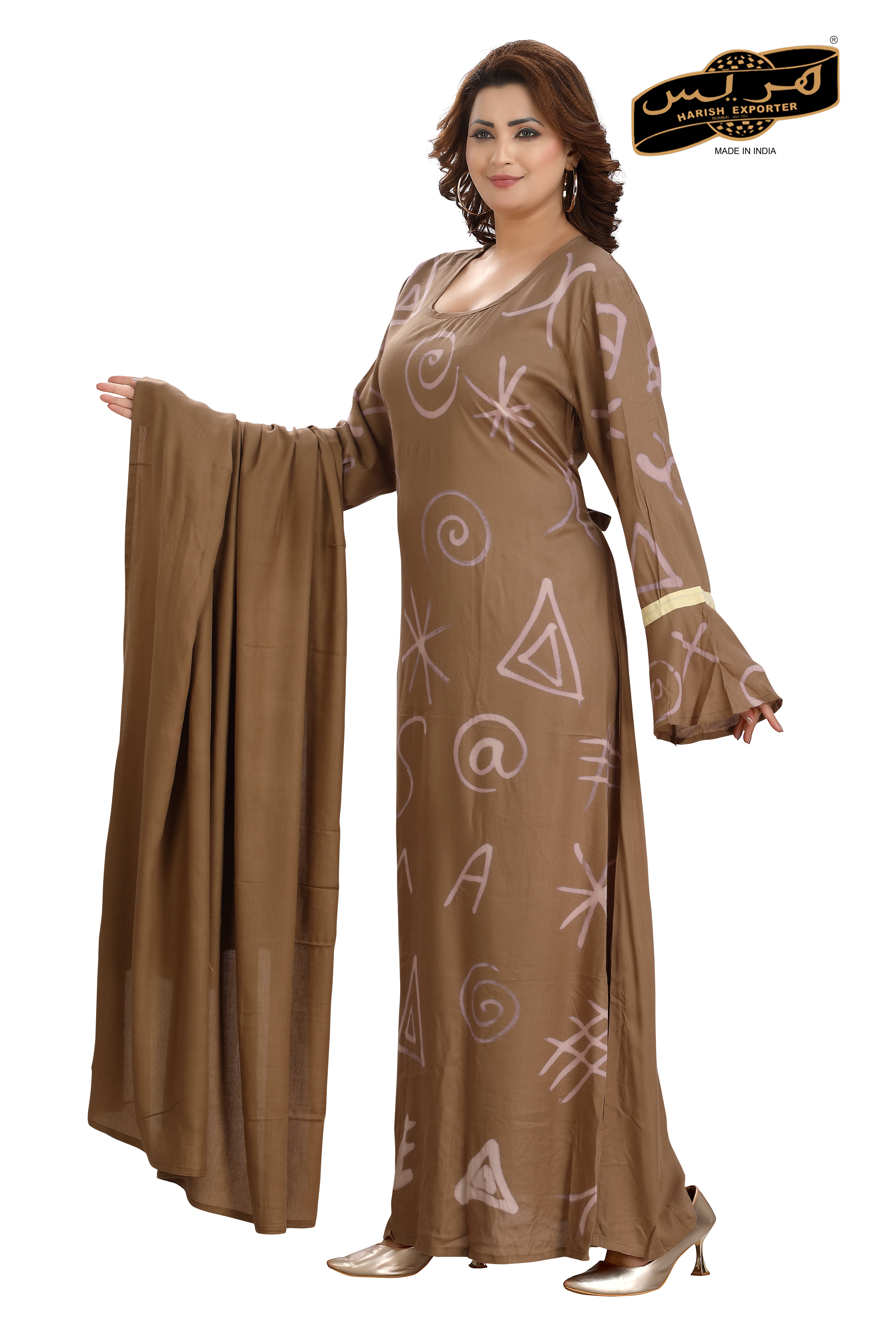 Chic Dark Brown Rayon Printed Gown with Dupatta MF_2133