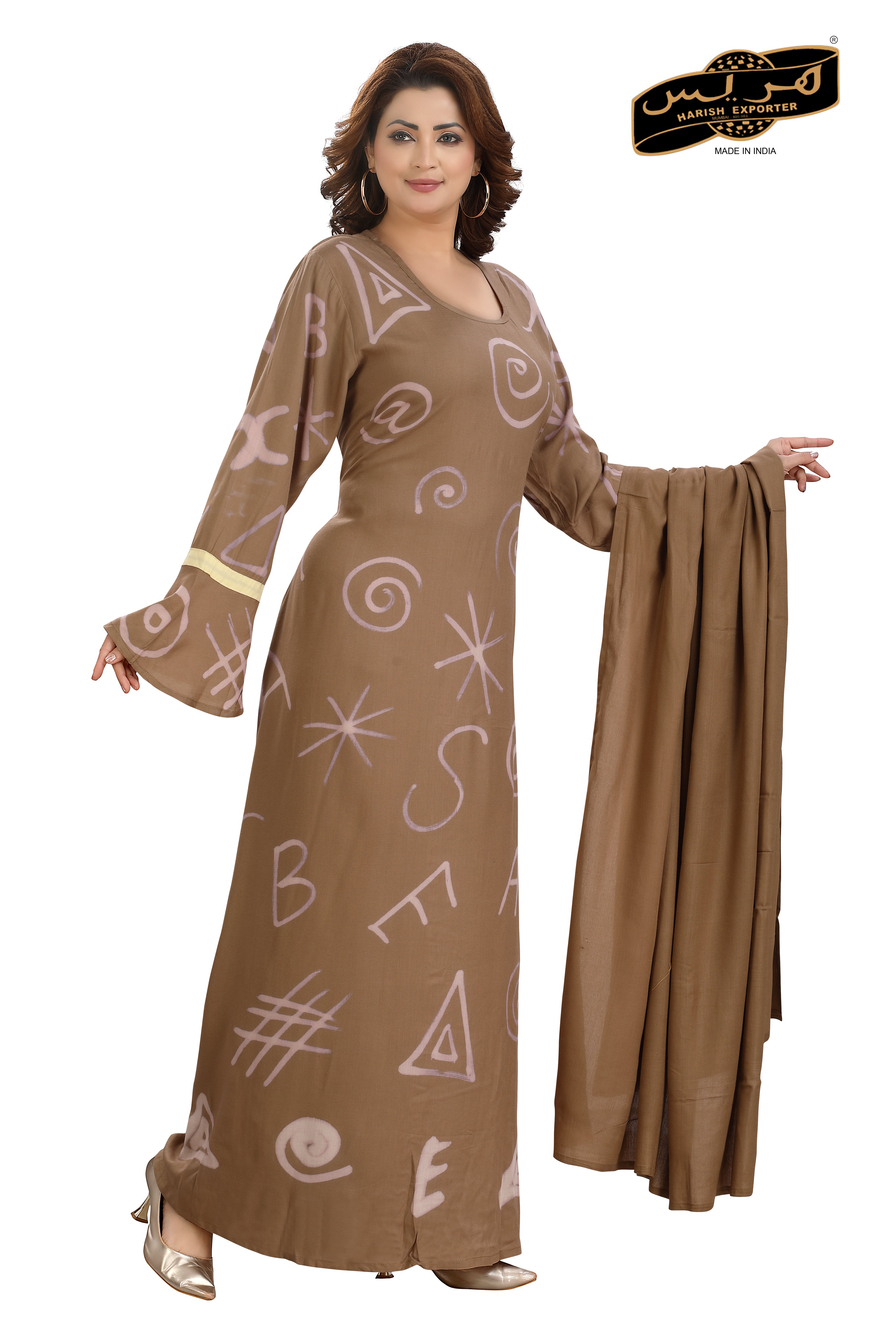 Chic Dark Brown Rayon Printed Gown with Dupatta MF_2133