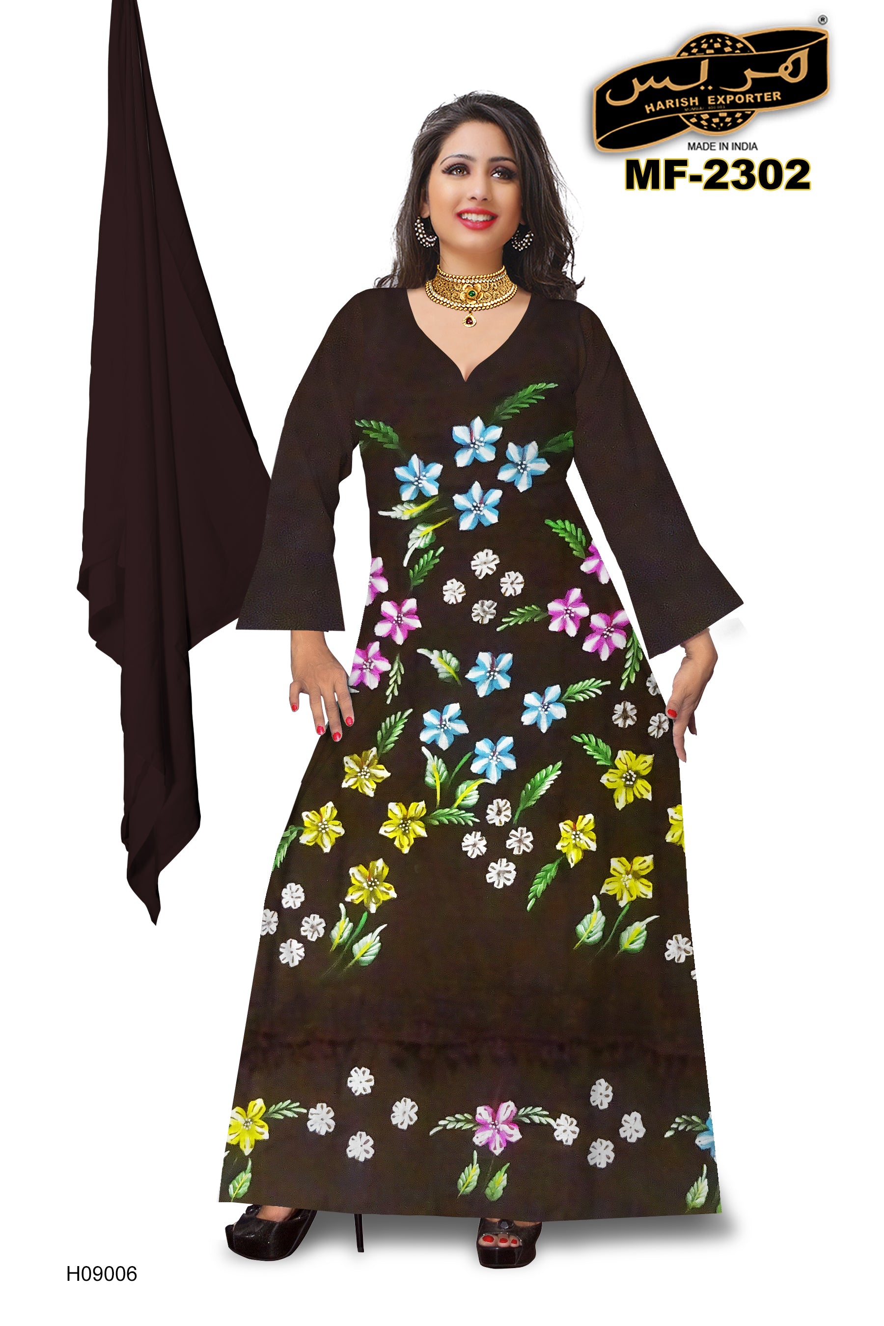 Black Floral Design Rayon Maxi Dress – Stylish & Comfortable H09006