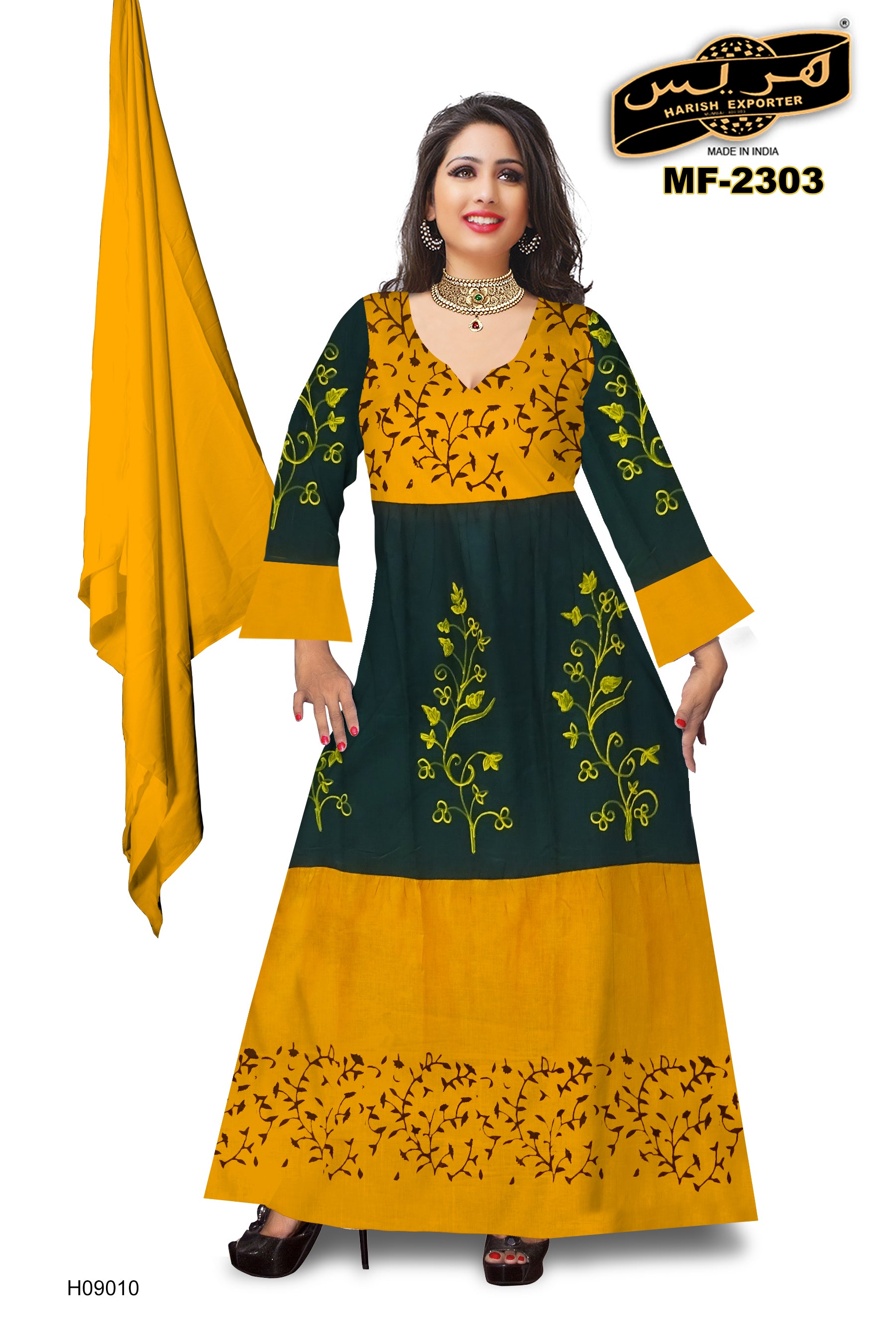 Yellow & Dark Green Floral Rayon Design Long Gown – Elegant & Stylish MF-2303-H09010