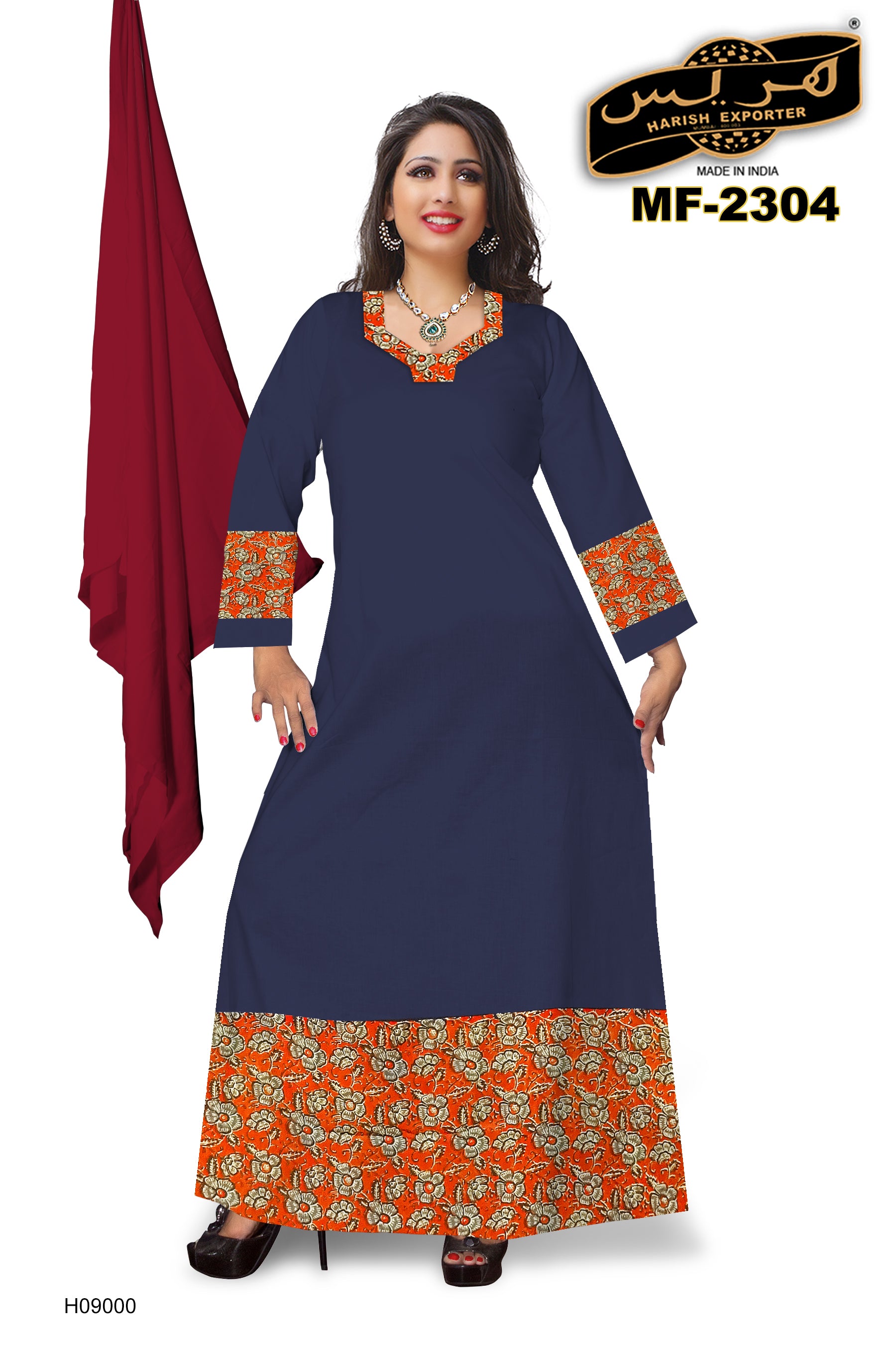 Navy Blue & Maroon Dupatta Mix Pattern Rayon Kaftan – Chic & Comfortable MF-2304-H09000