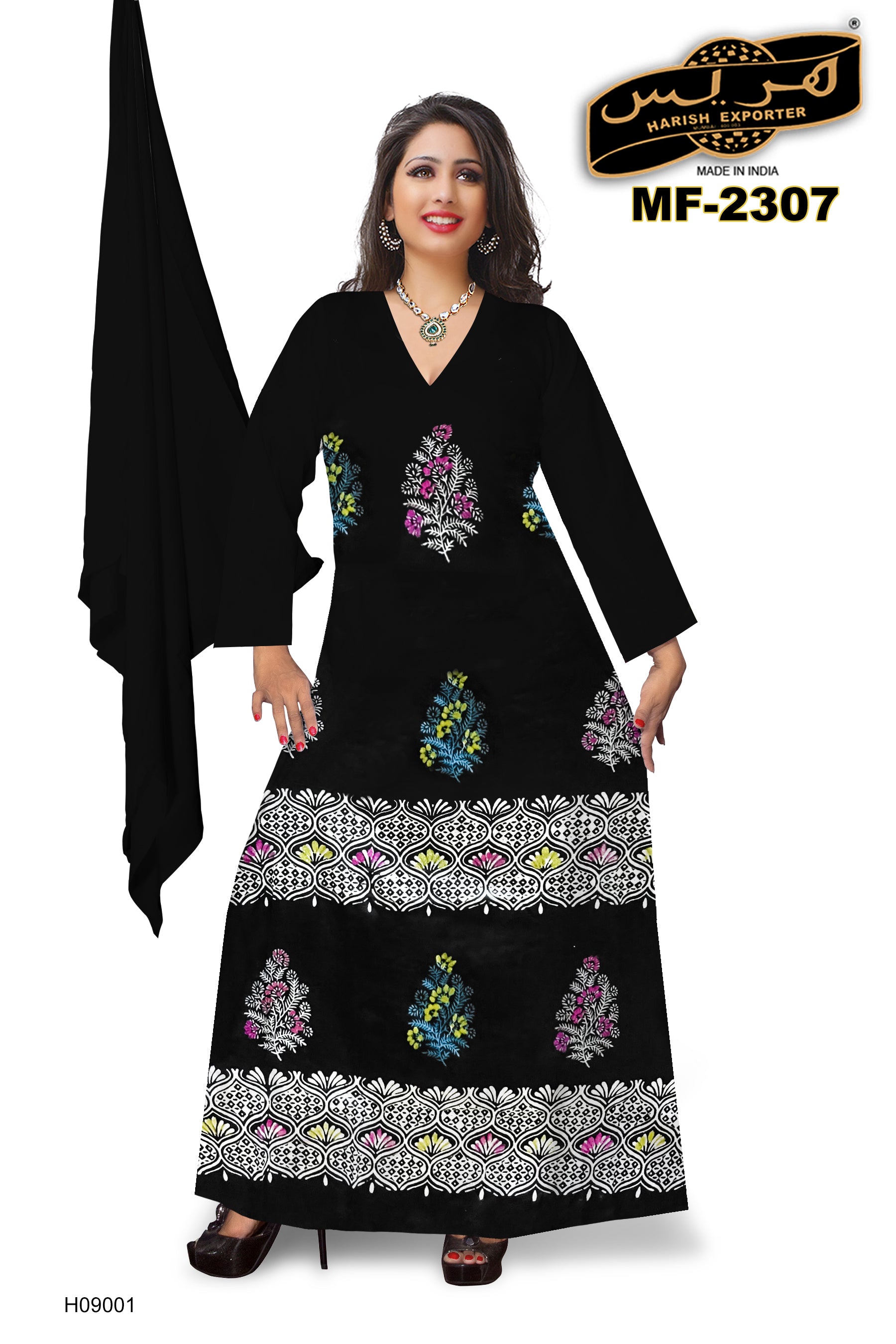 Black Rayon Gown with Mix Pattern – Elegant & Versatile MF-2307-H090001
