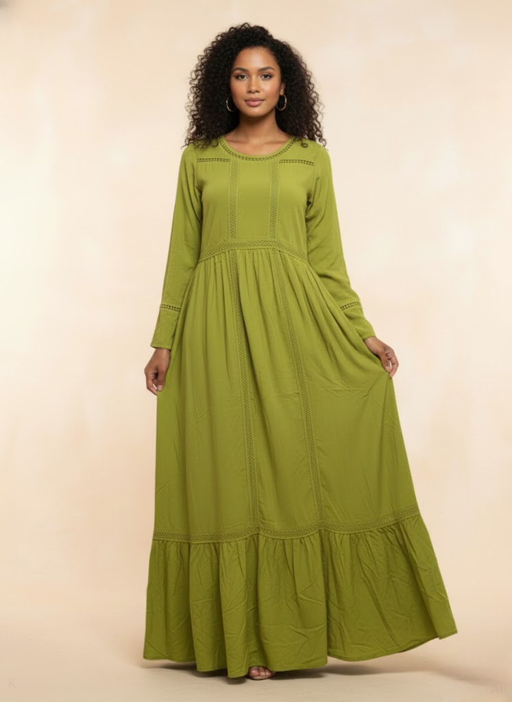 Olive Green Lace-Detail Rayon Kaftan – MF-2459 DP