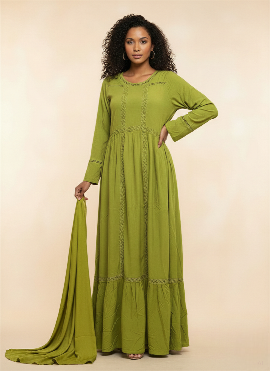 Olive Green Lace-Detail Rayon Kaftan – MF-2459 DP