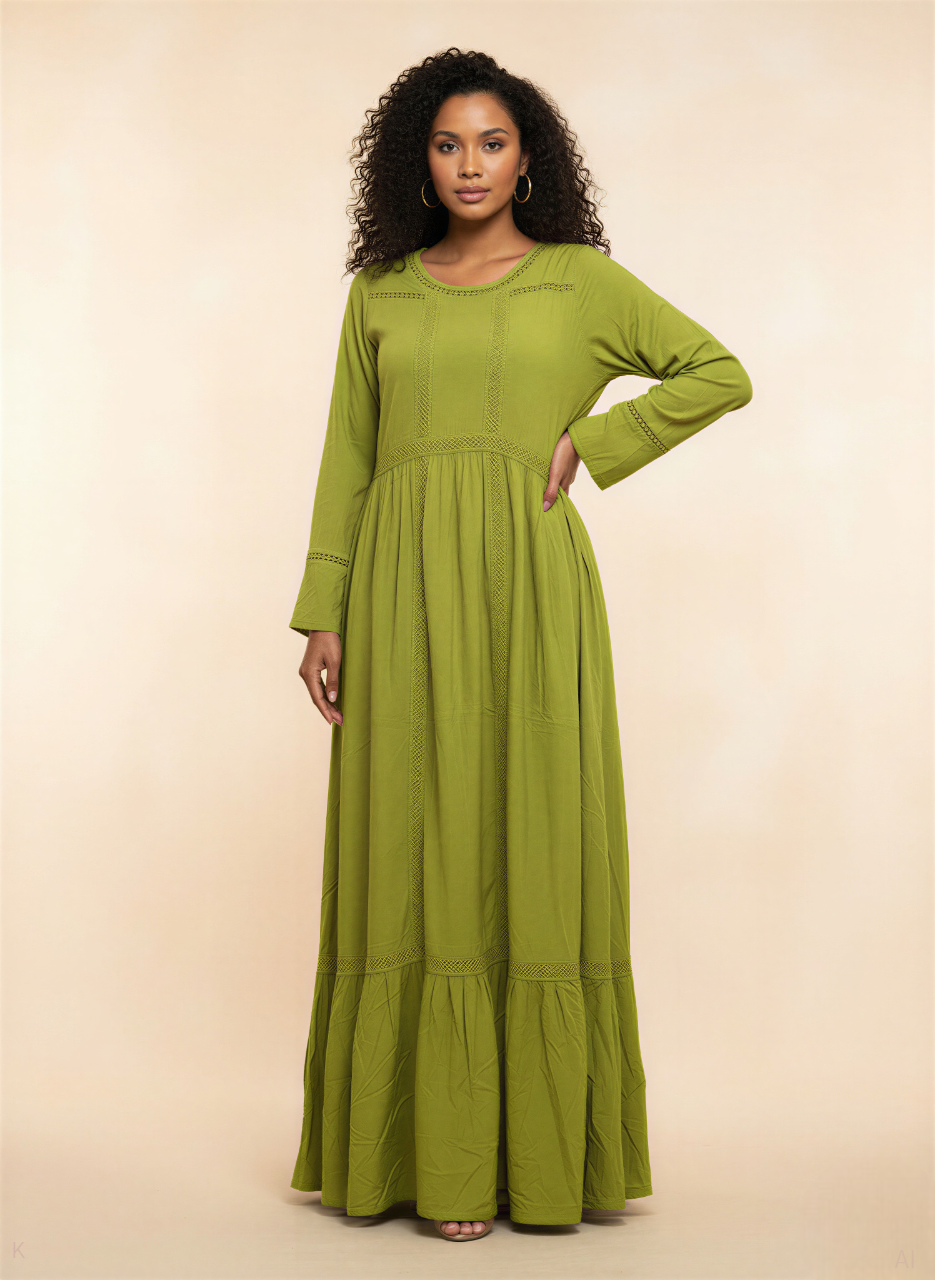 Olive Green Lace-Detail Rayon Kaftan – MF-2459 DP