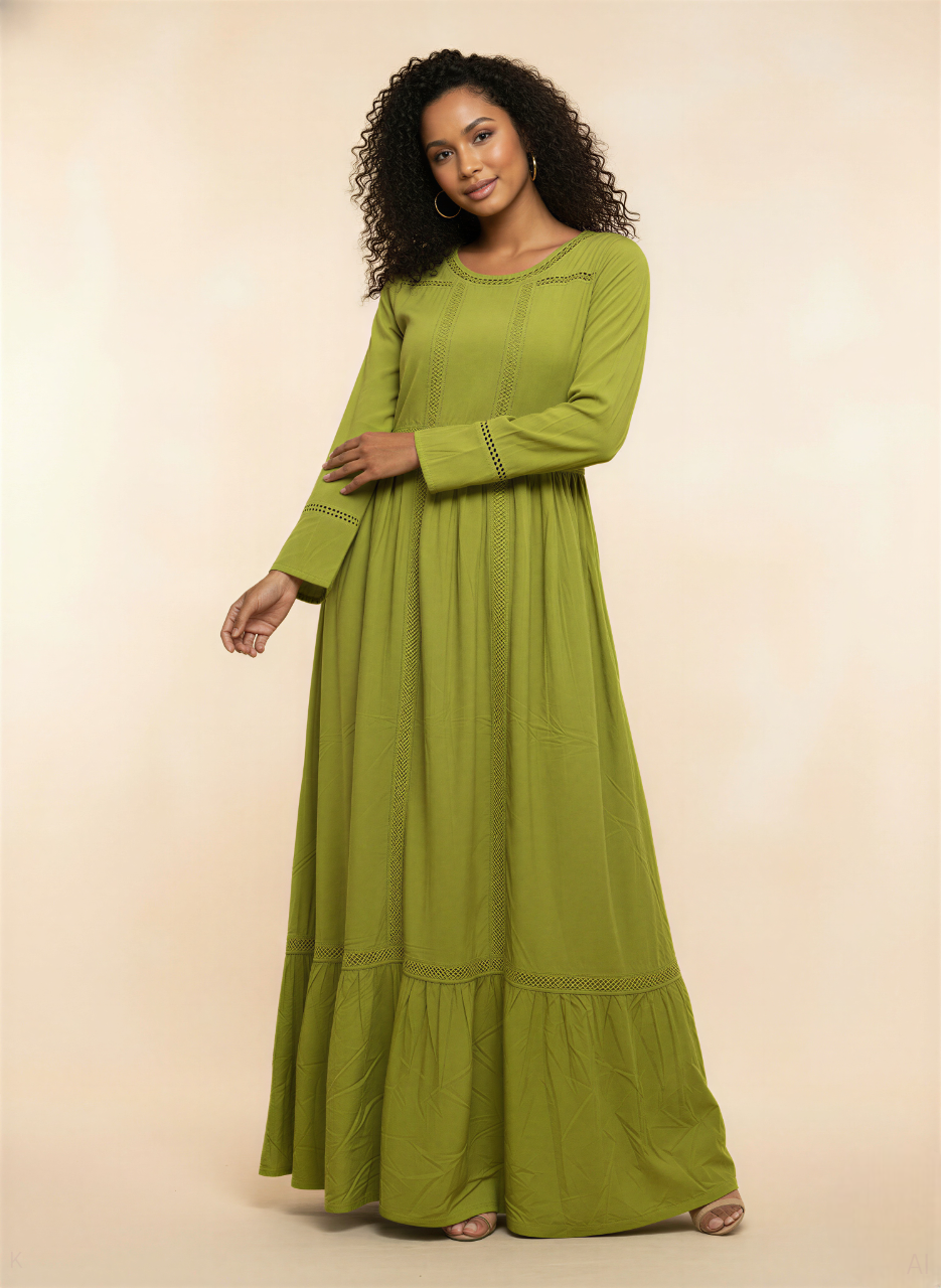 Olive Green Lace-Detail Rayon Kaftan – MF-2459 DP