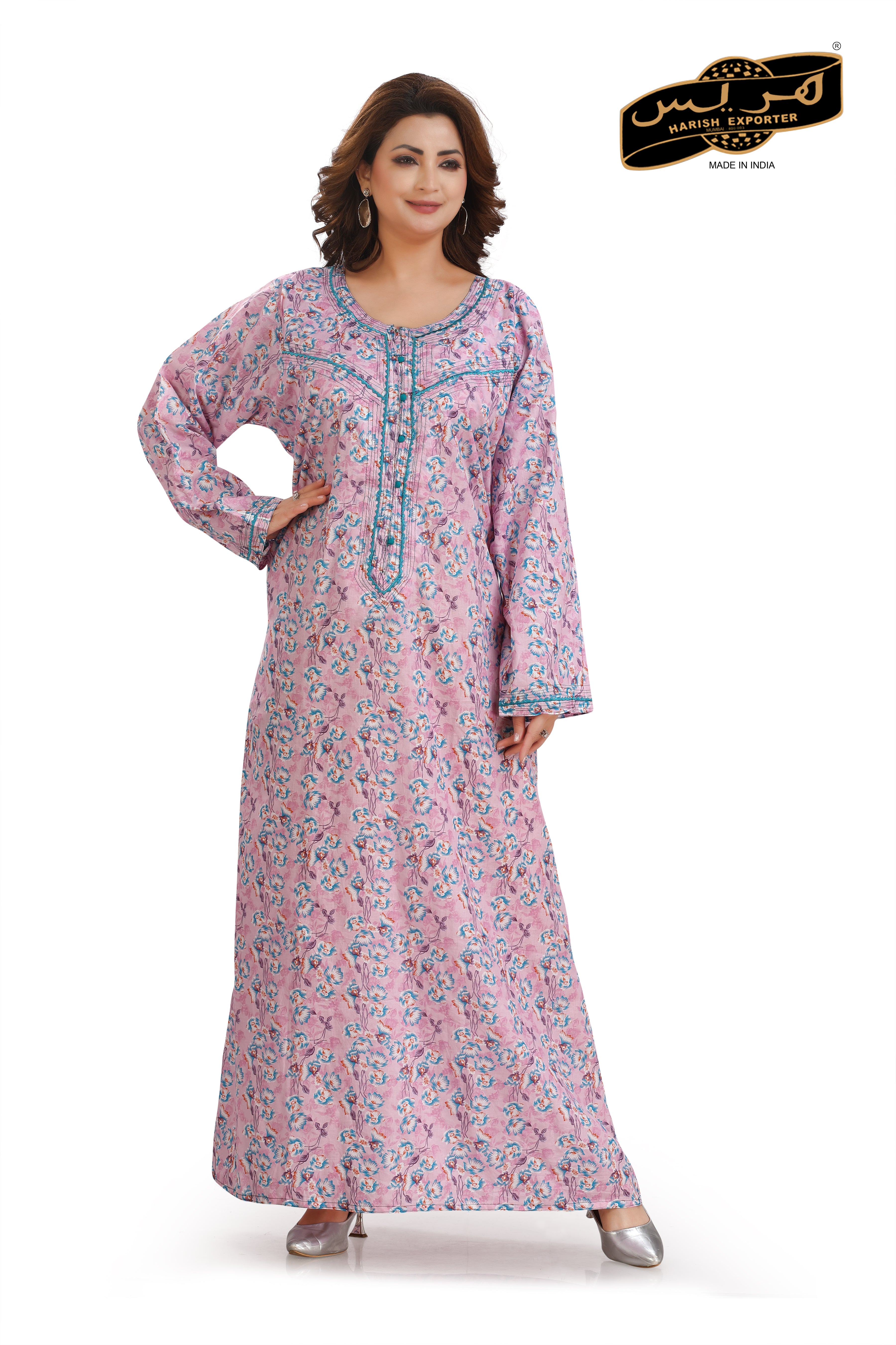 Full Sleeves Embroidered Liberty Nightgown - Cotton Ankle Length - PP-340
