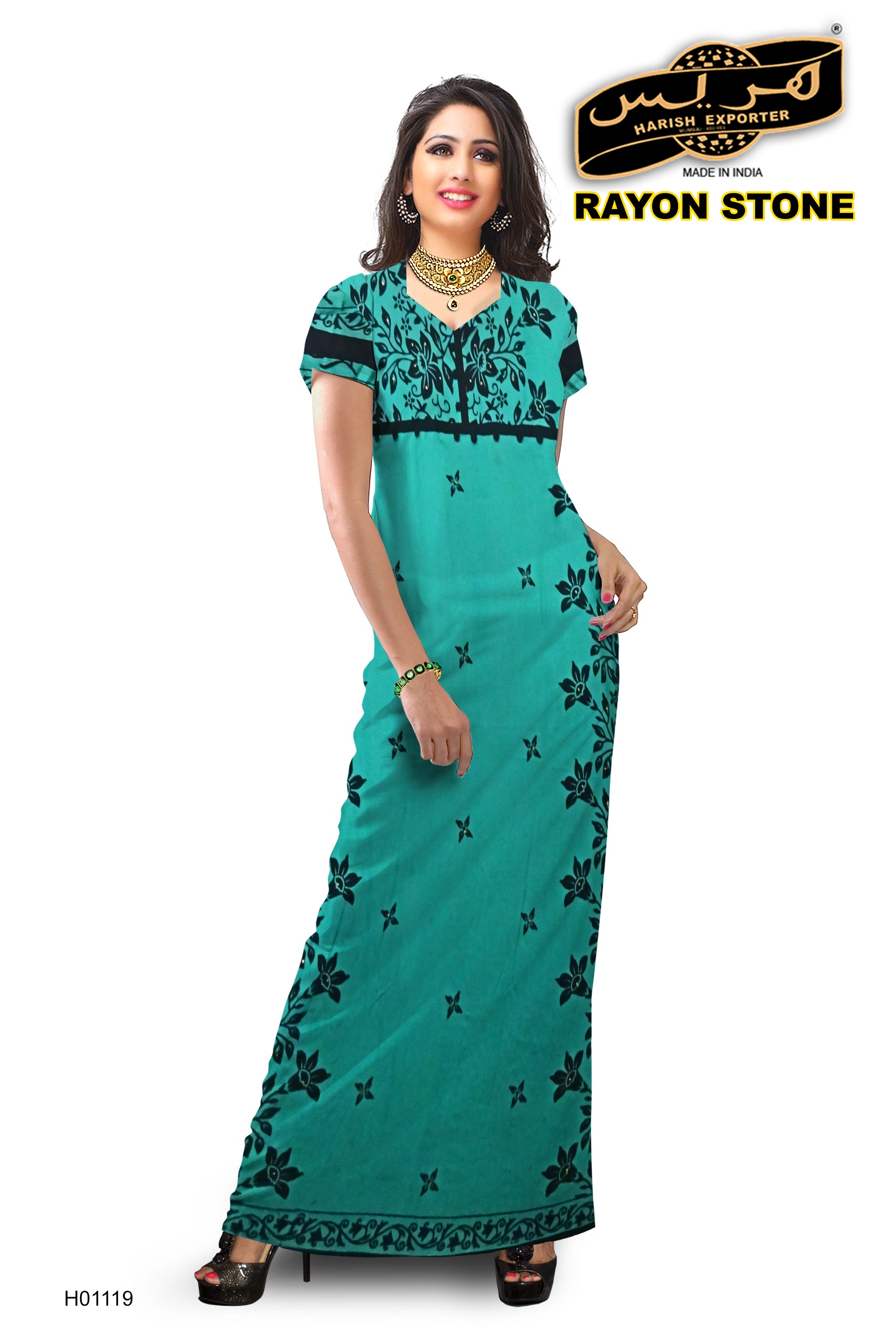 Sea Green Mix Pattern Rayon Nighty – Stylish & Comfortable